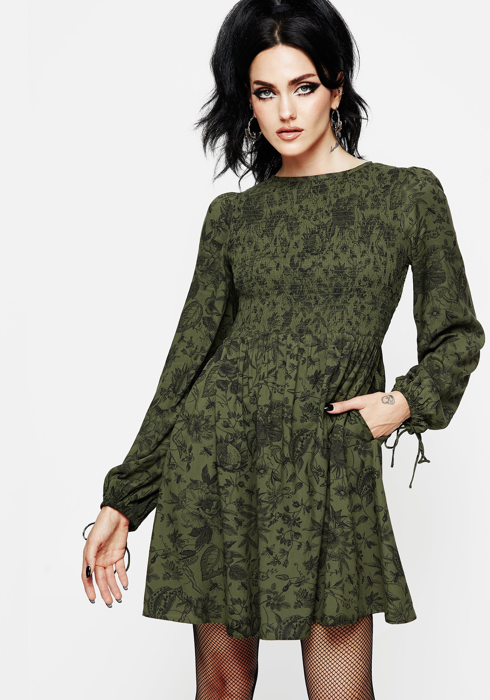 Floral Print Mini Dress with Puff Sleeves & Side Pockets | Meadowflowers