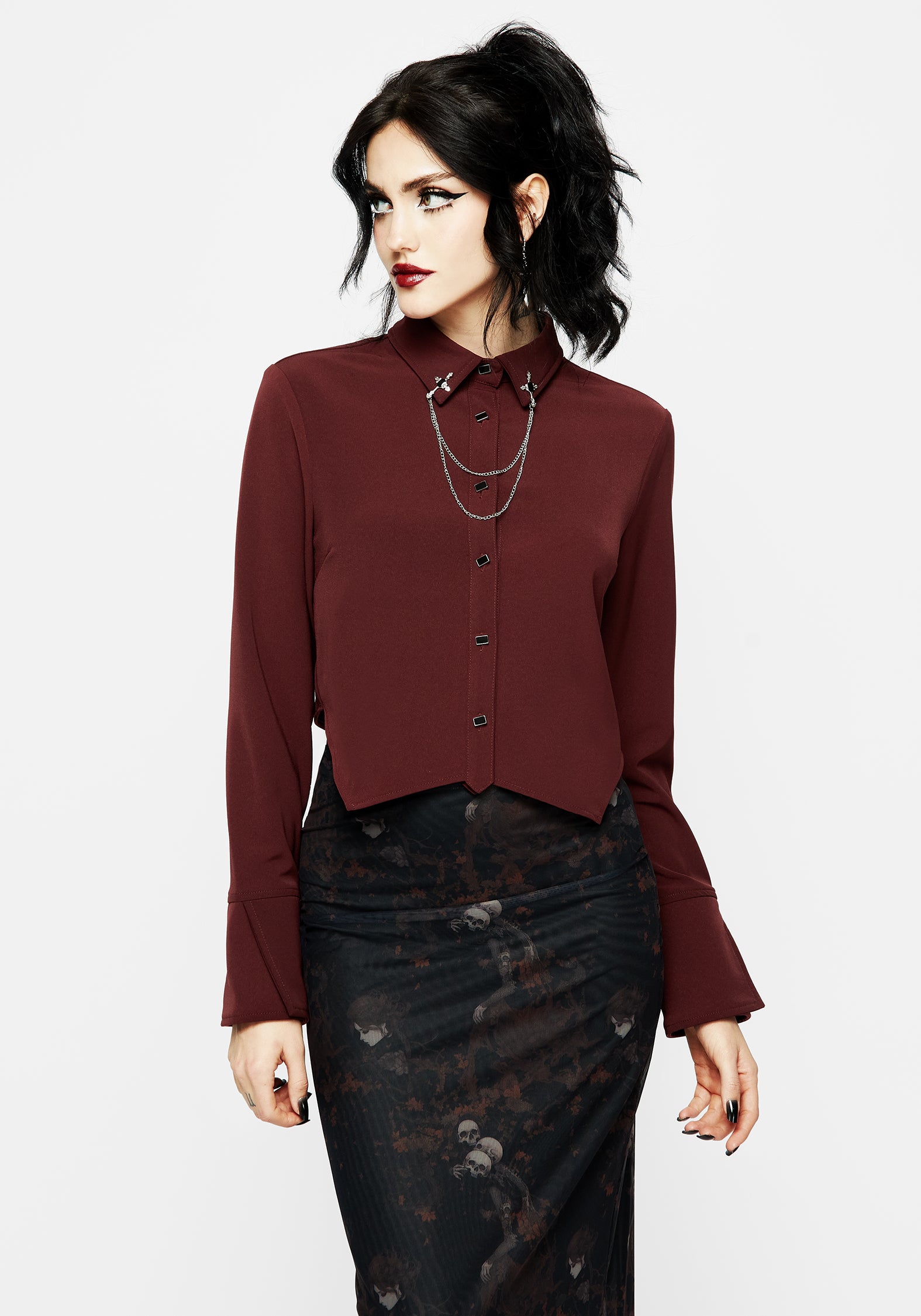 Burgundy Red Crop Button-Up Shirt with Cross Collar Chain | Resurrection