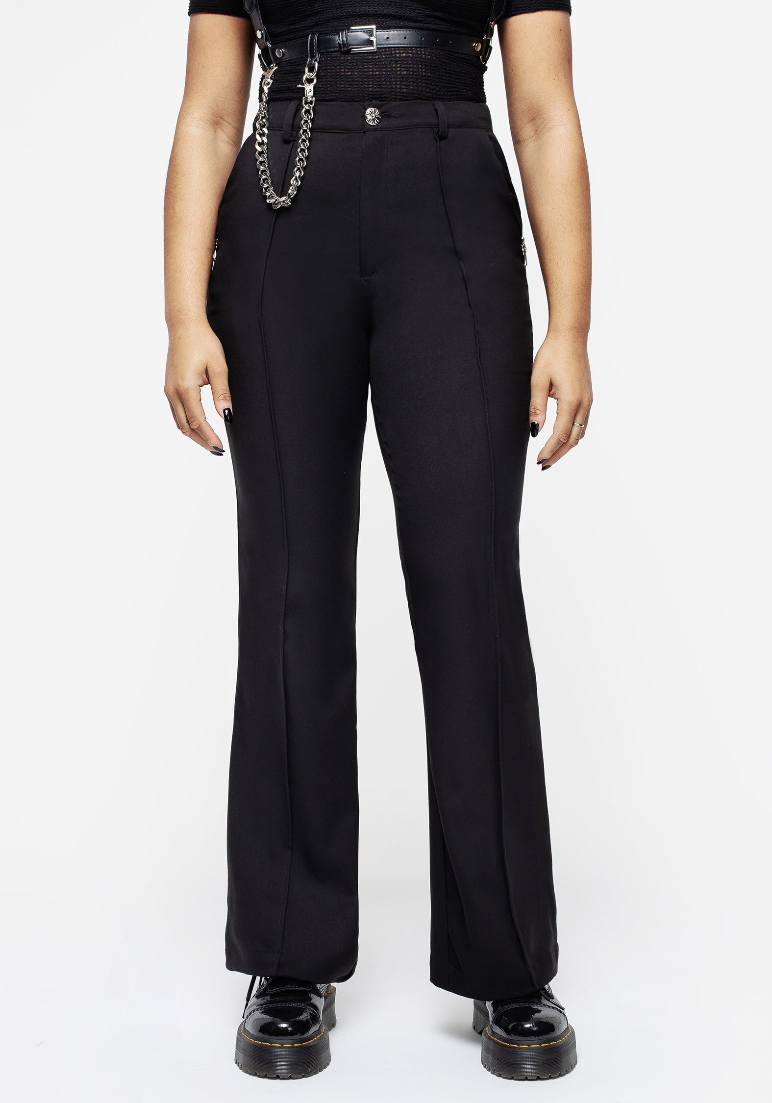 Black Slim Flare Trousers with High-Rise Fit & Removable Crosses | Moralia