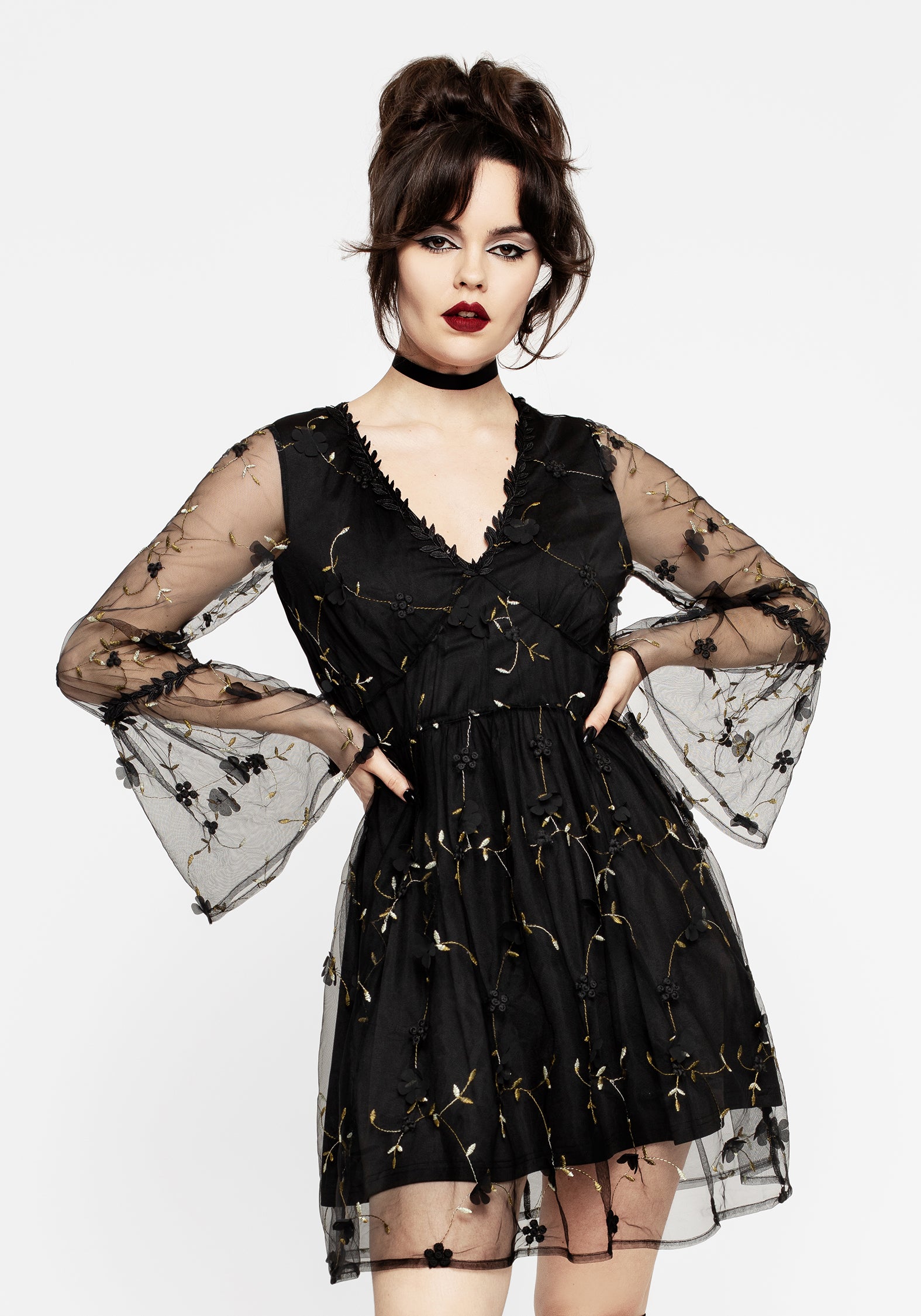 Black Floral Embroidered Tulle Mini Dress with Gold Applique | Chrysanthi