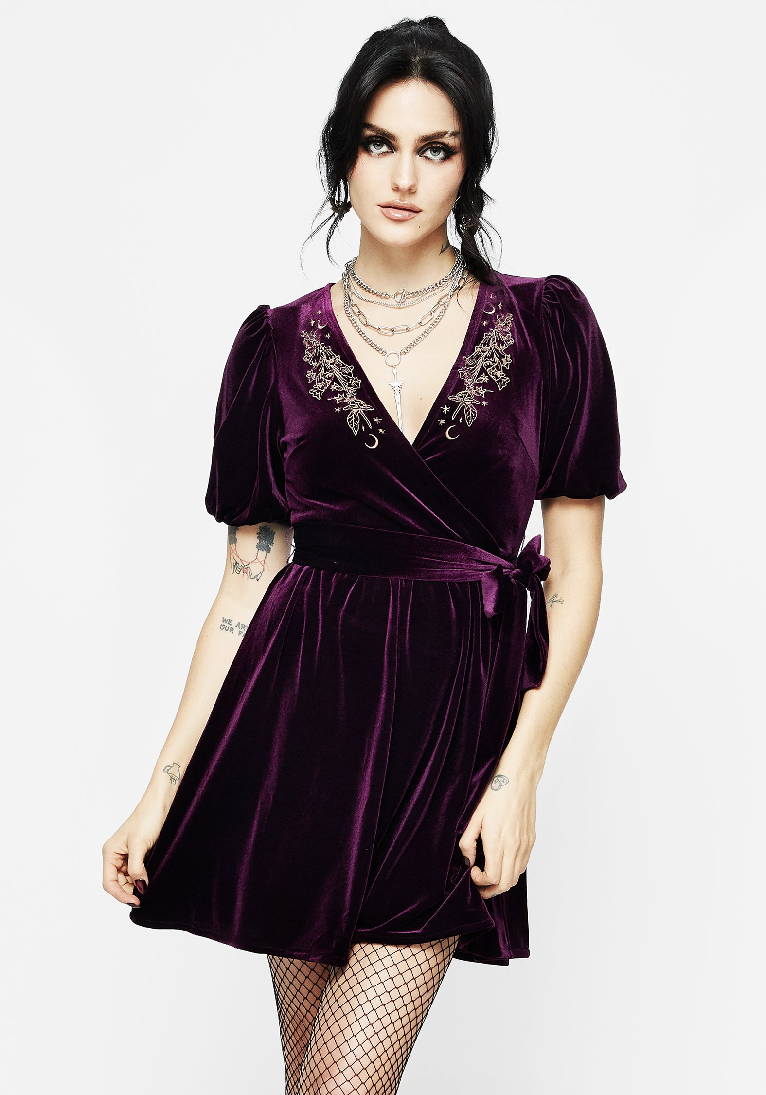 Purple Velvet Mini Wrap Dress with Foxglove Embroidery | Hera