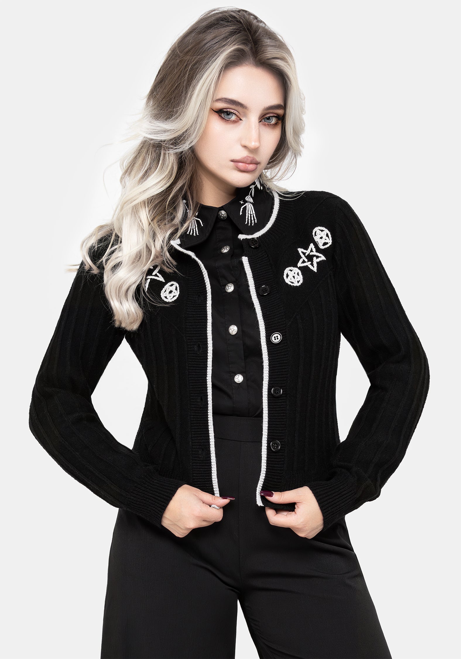Black Pentagram Embroidered Cardigan | Slim Fit Witchy Knit