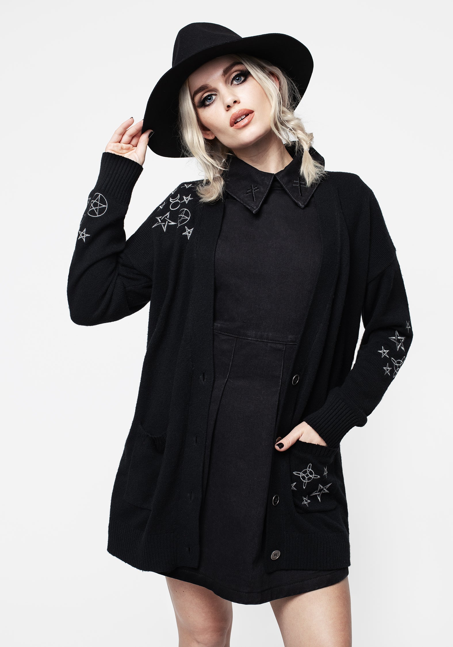 Black Knit Cardigan with Pentagram Embroidery | Hex Embroidered Longline