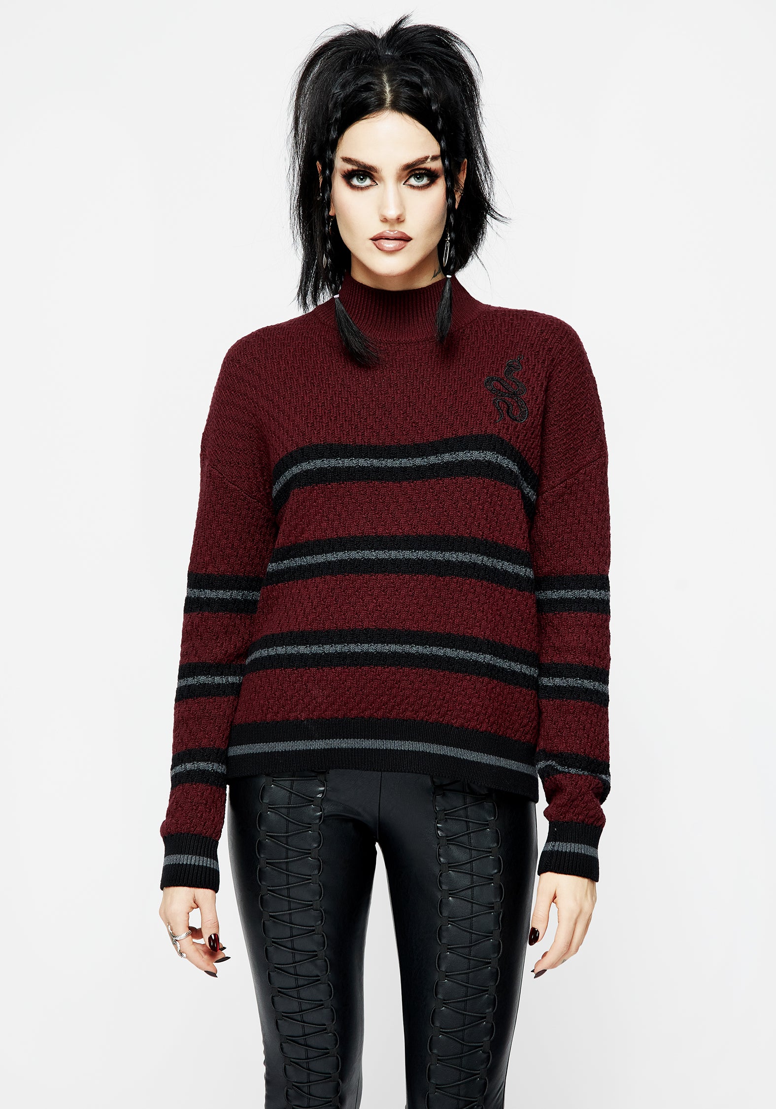 Red & Black Striped Knit Sweater with Snake Embroidery | Mimic