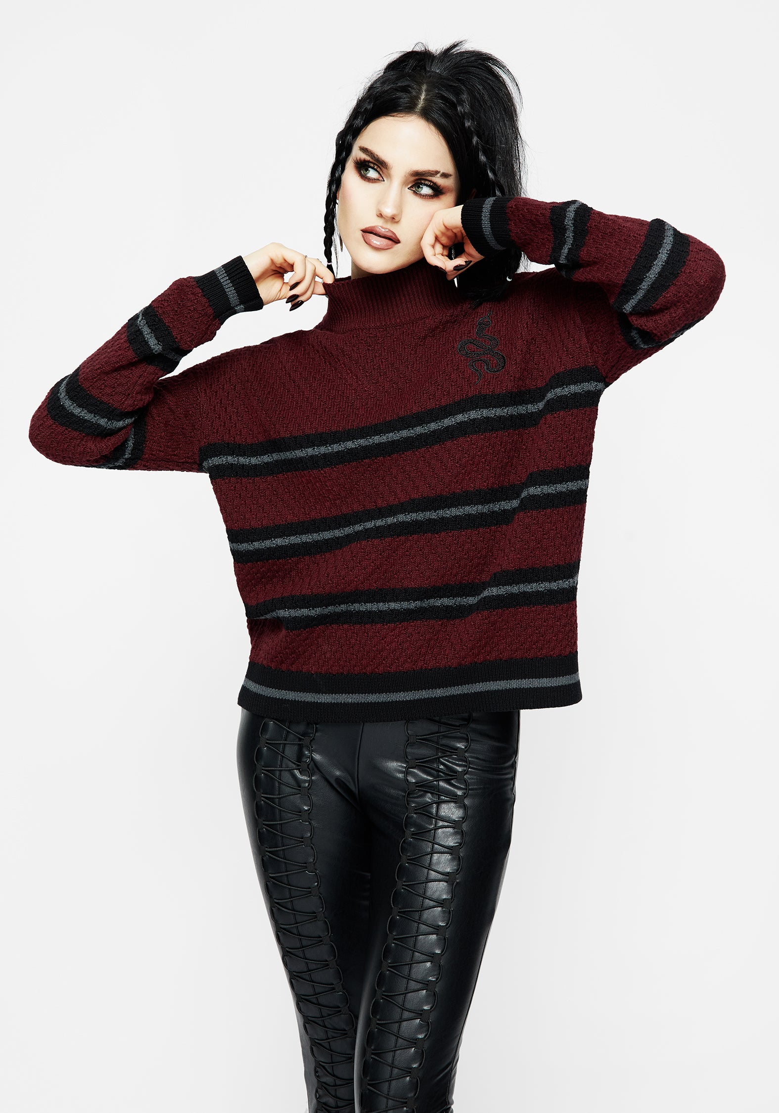 Red & Black Striped Knit Sweater with Snake Embroidery | Mimic
