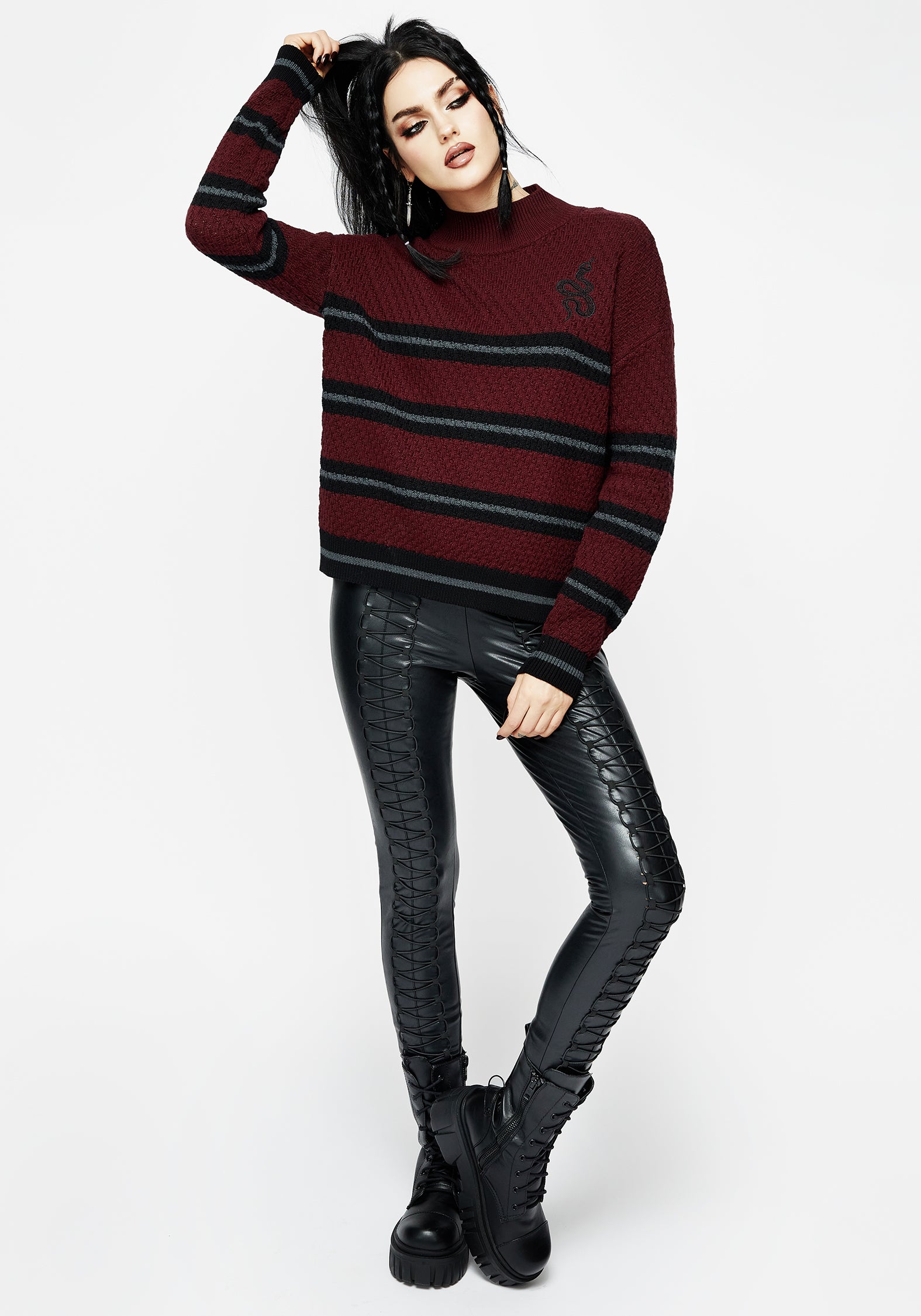 Red & Black Striped Knit Sweater with Snake Embroidery | Mimic