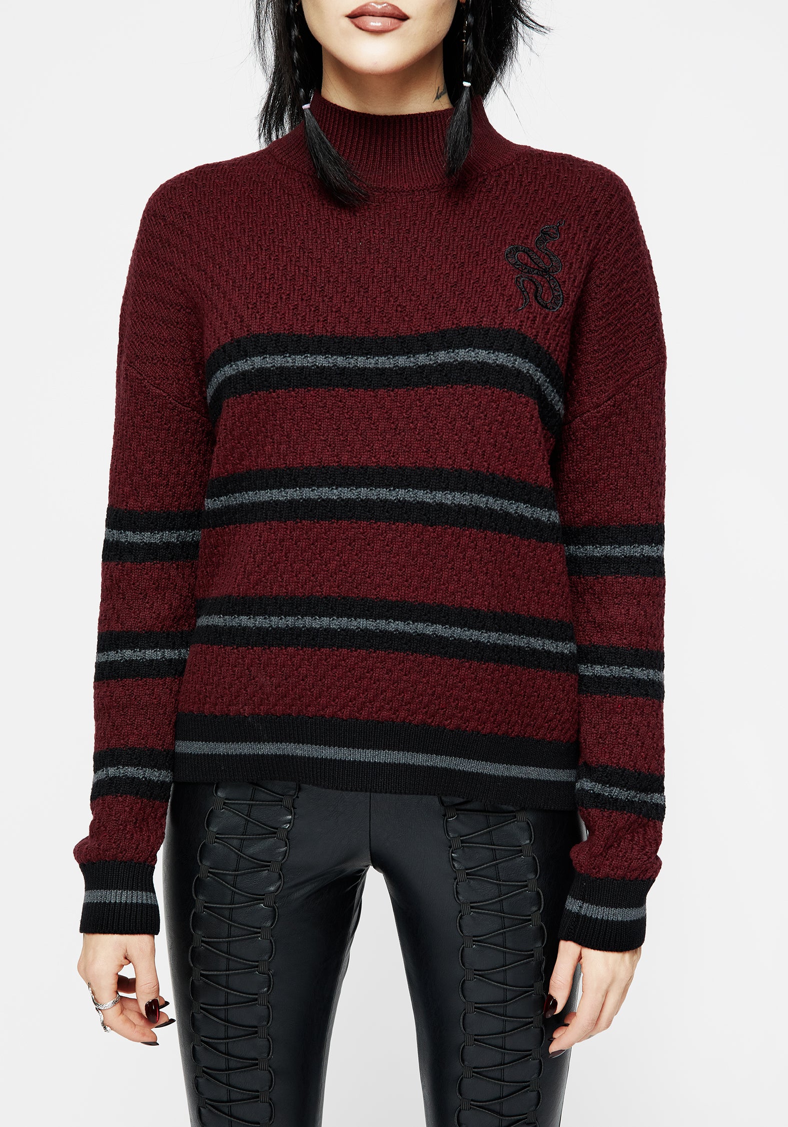 Red & Black Striped Knit Sweater with Snake Embroidery | Mimic