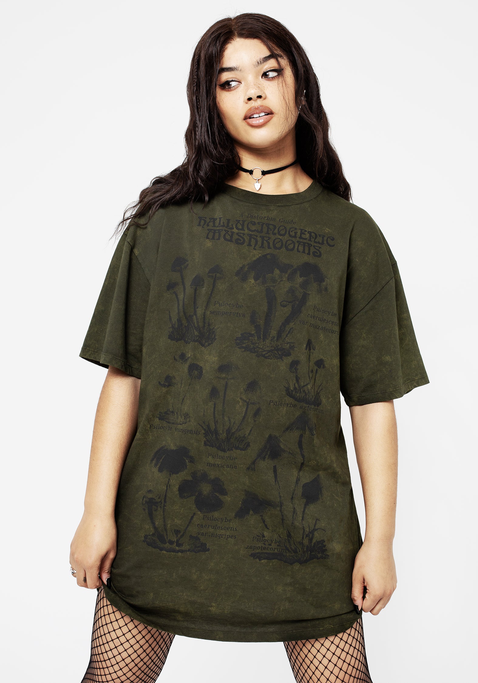 Psychotrope Mushroom Graphic Tee Dress | Grunge Washed Green Cotton