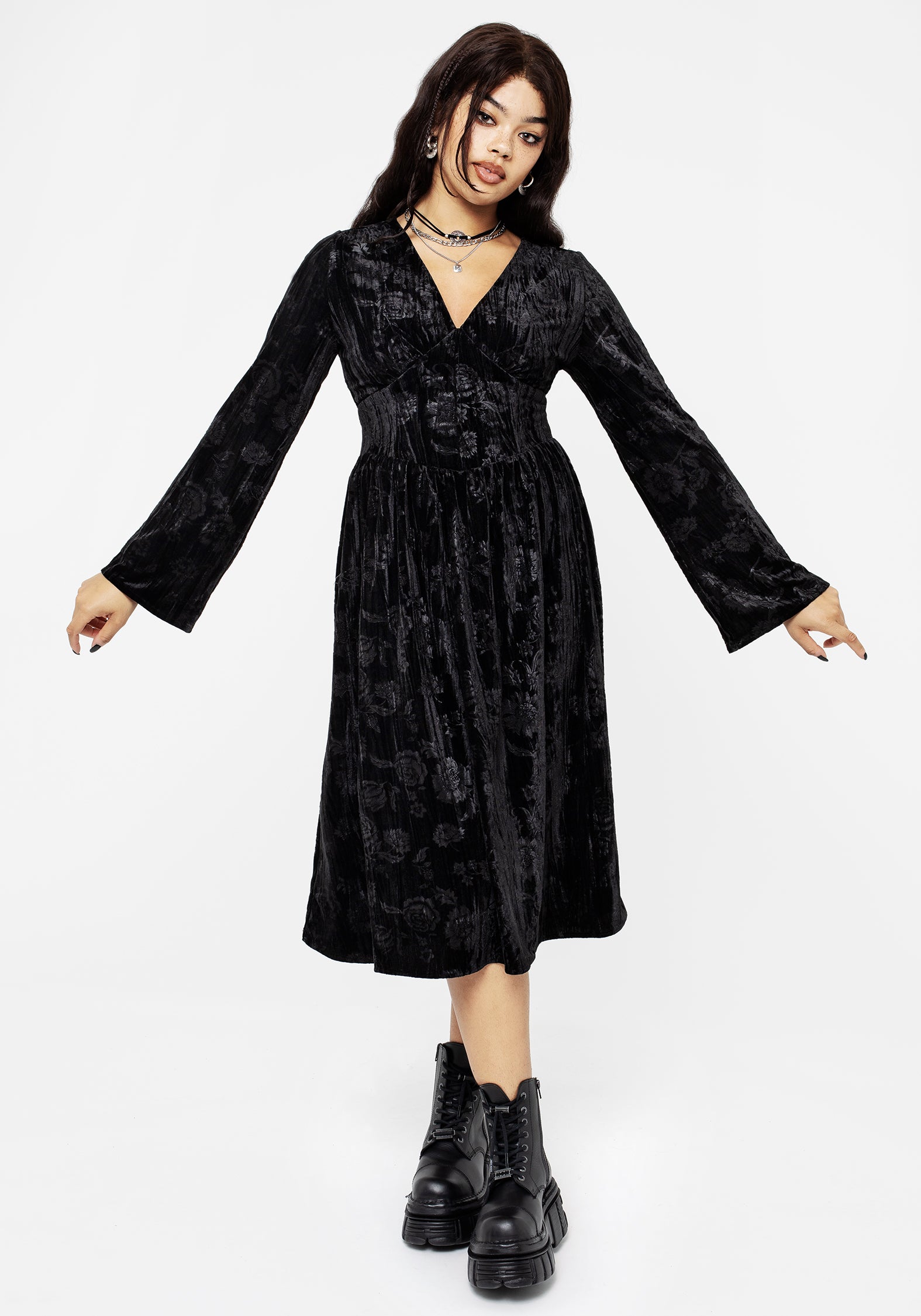 Black Velour Corset Midi Dress with Flared Sleeves | Invocation