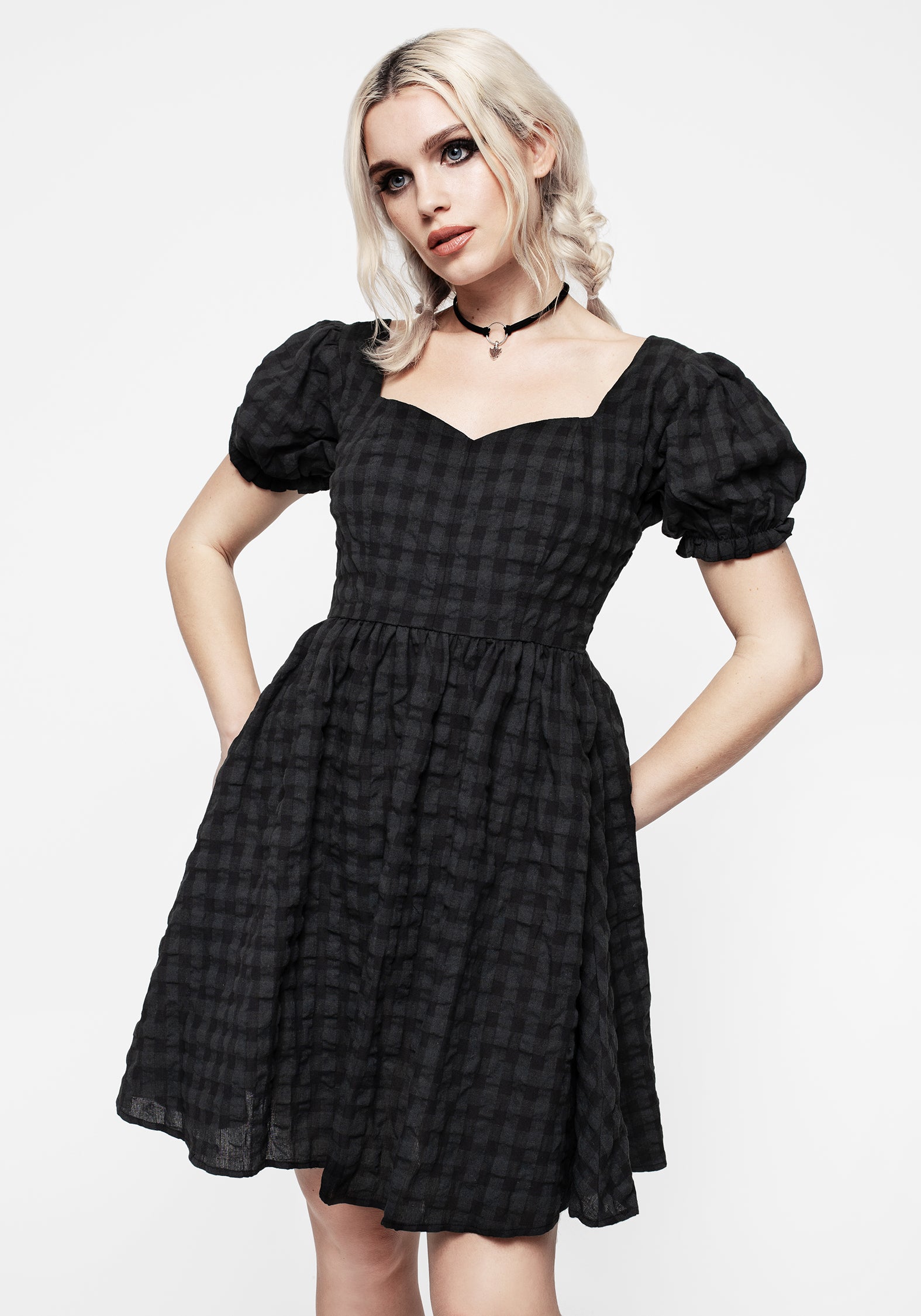 Green & Grey Gingham Check Puff Sleeve Mini Dress | Cobalt