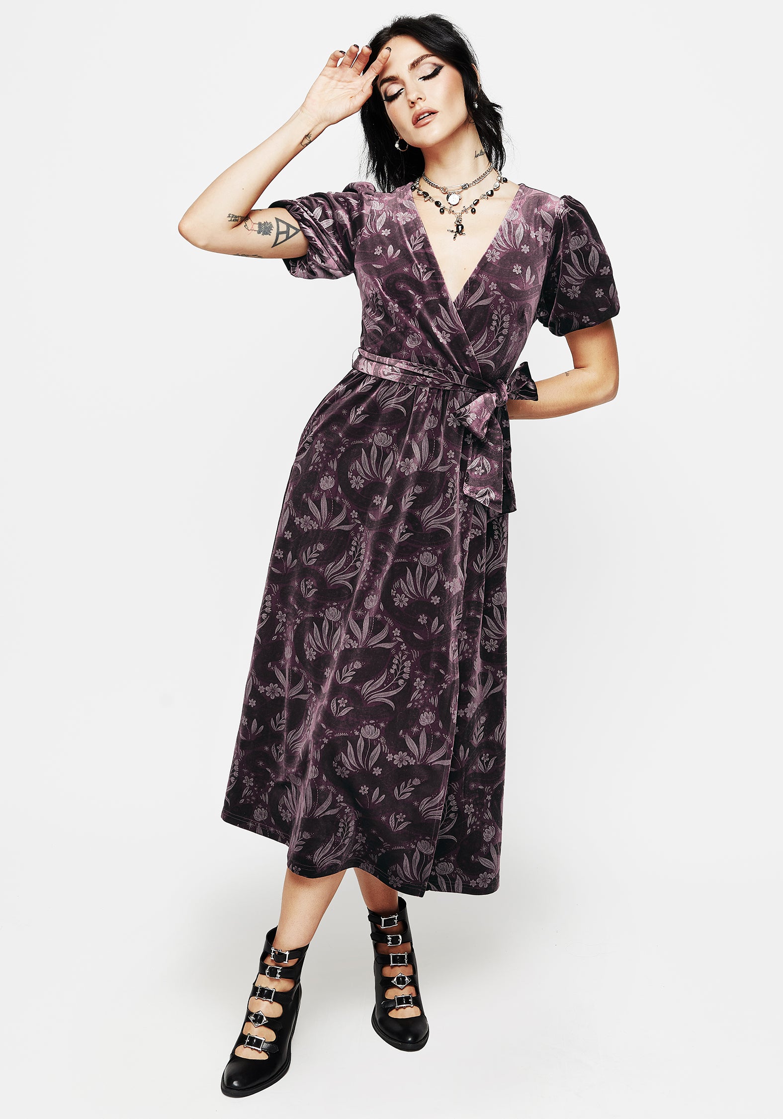 Burgundy Snake Print Velour Wrap Dress with Side Split | Deception