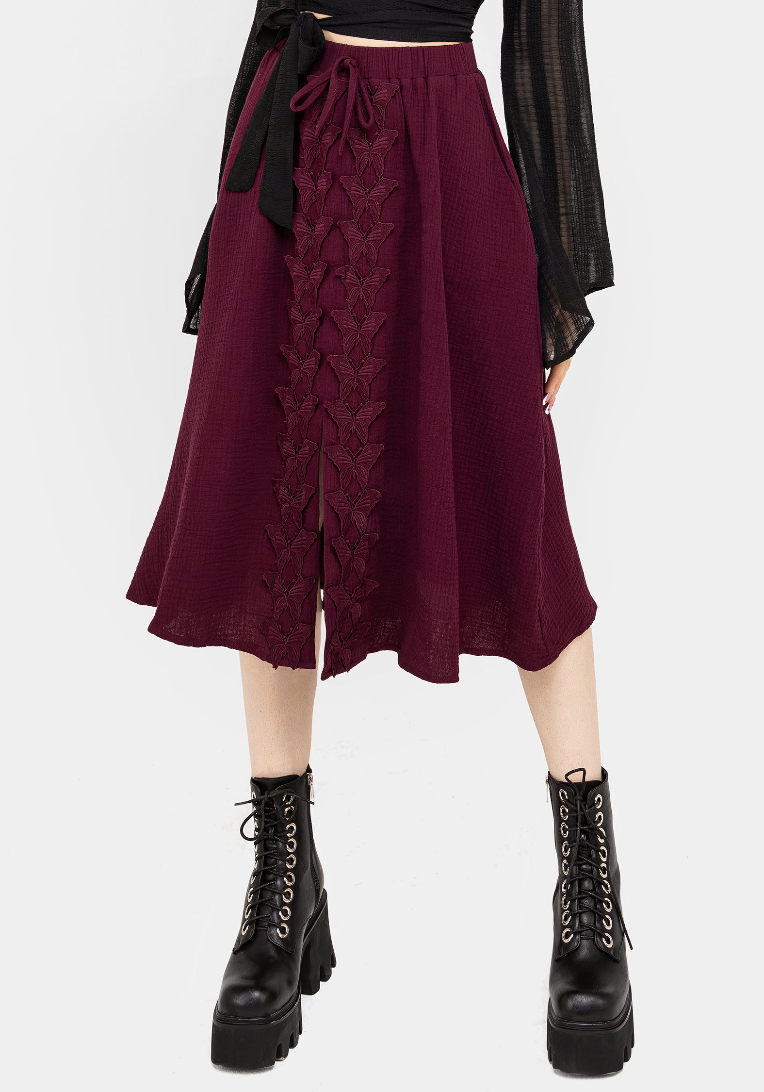 Purple Textured Midi Skirt with Butterfly Appliqué & Pockets | Psyche