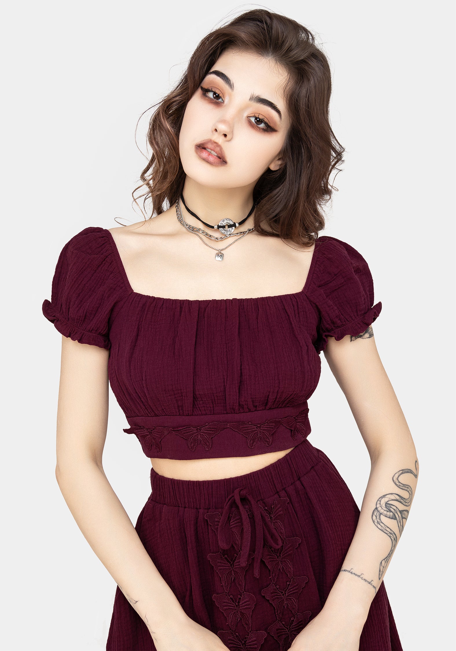 Purple Textured Bardot Crop Top with Butterfly Embroidery | Psyche