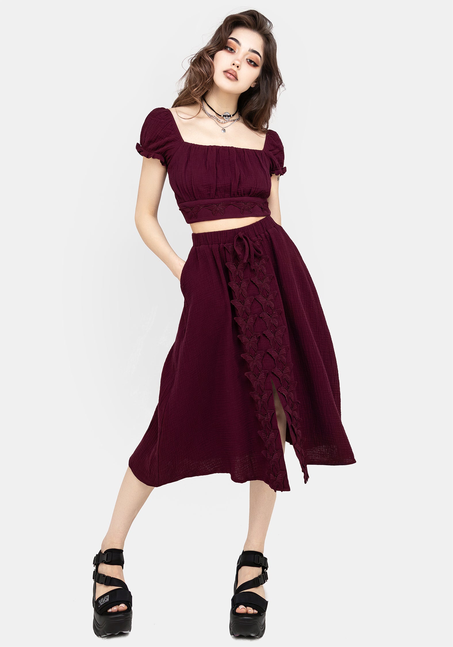 Purple Textured Bardot Crop Top with Butterfly Embroidery | Psyche