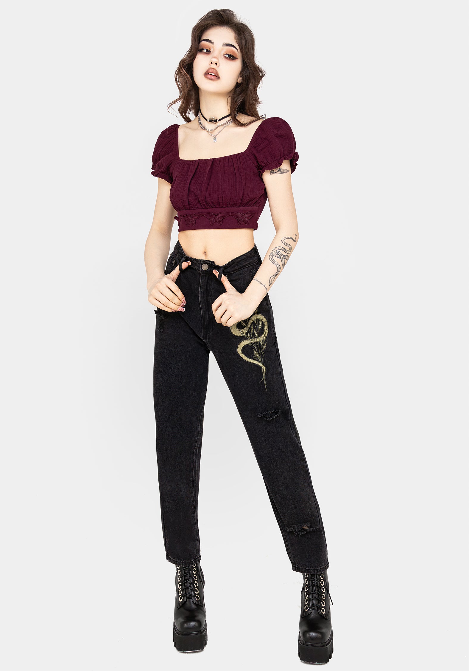 Purple Textured Bardot Crop Top with Butterfly Embroidery | Psyche