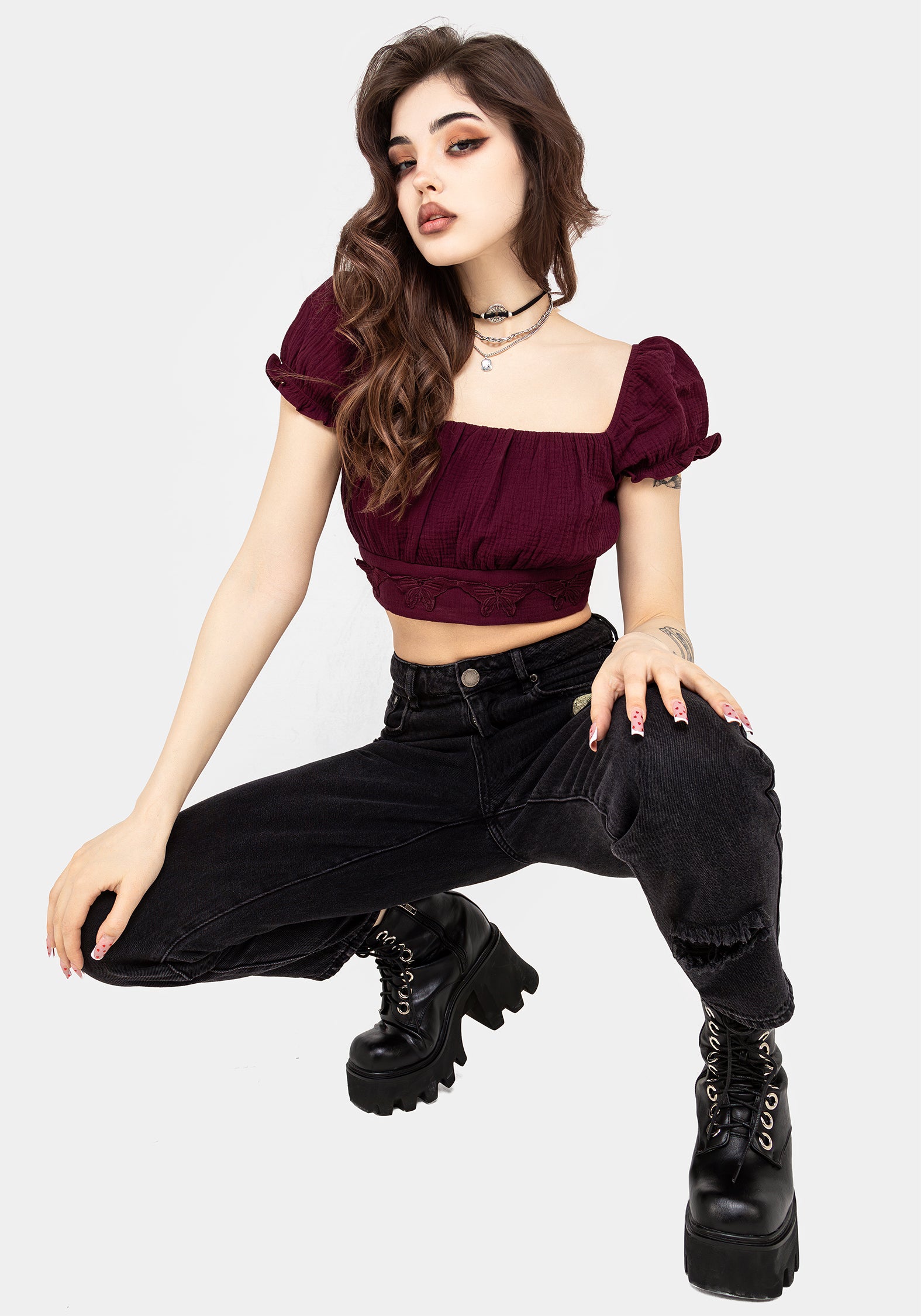 Purple Textured Bardot Crop Top with Butterfly Embroidery | Psyche