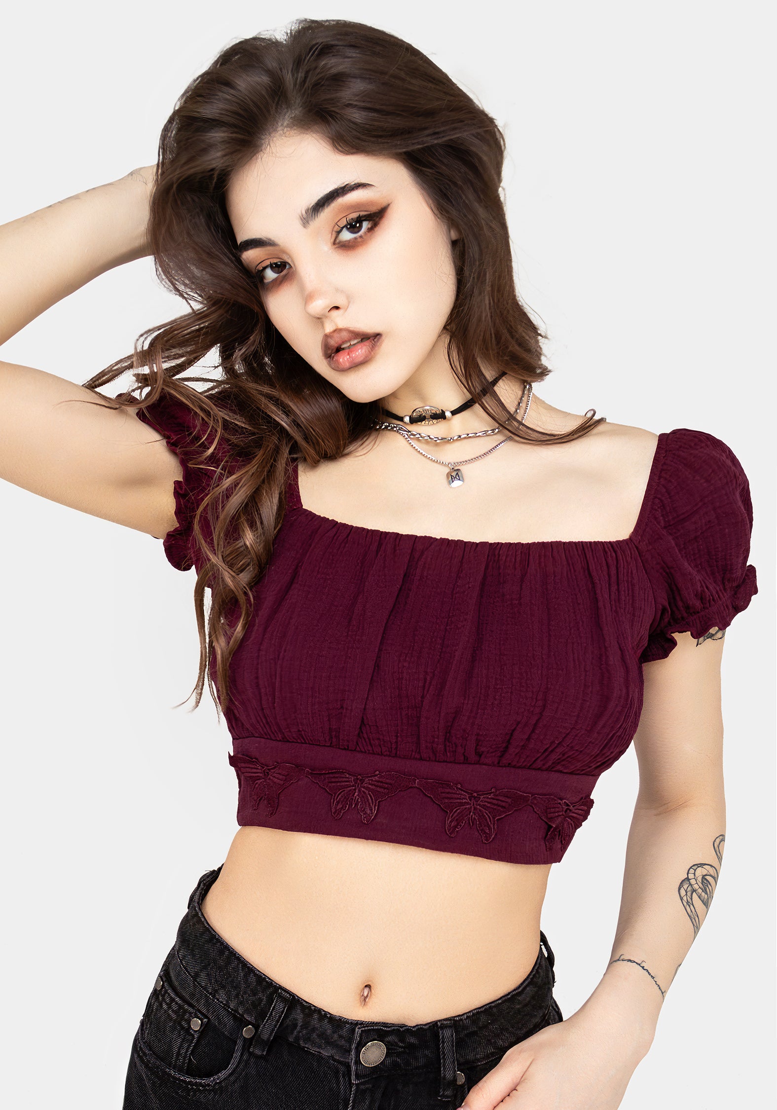 Purple Textured Bardot Crop Top with Butterfly Embroidery | Psyche
