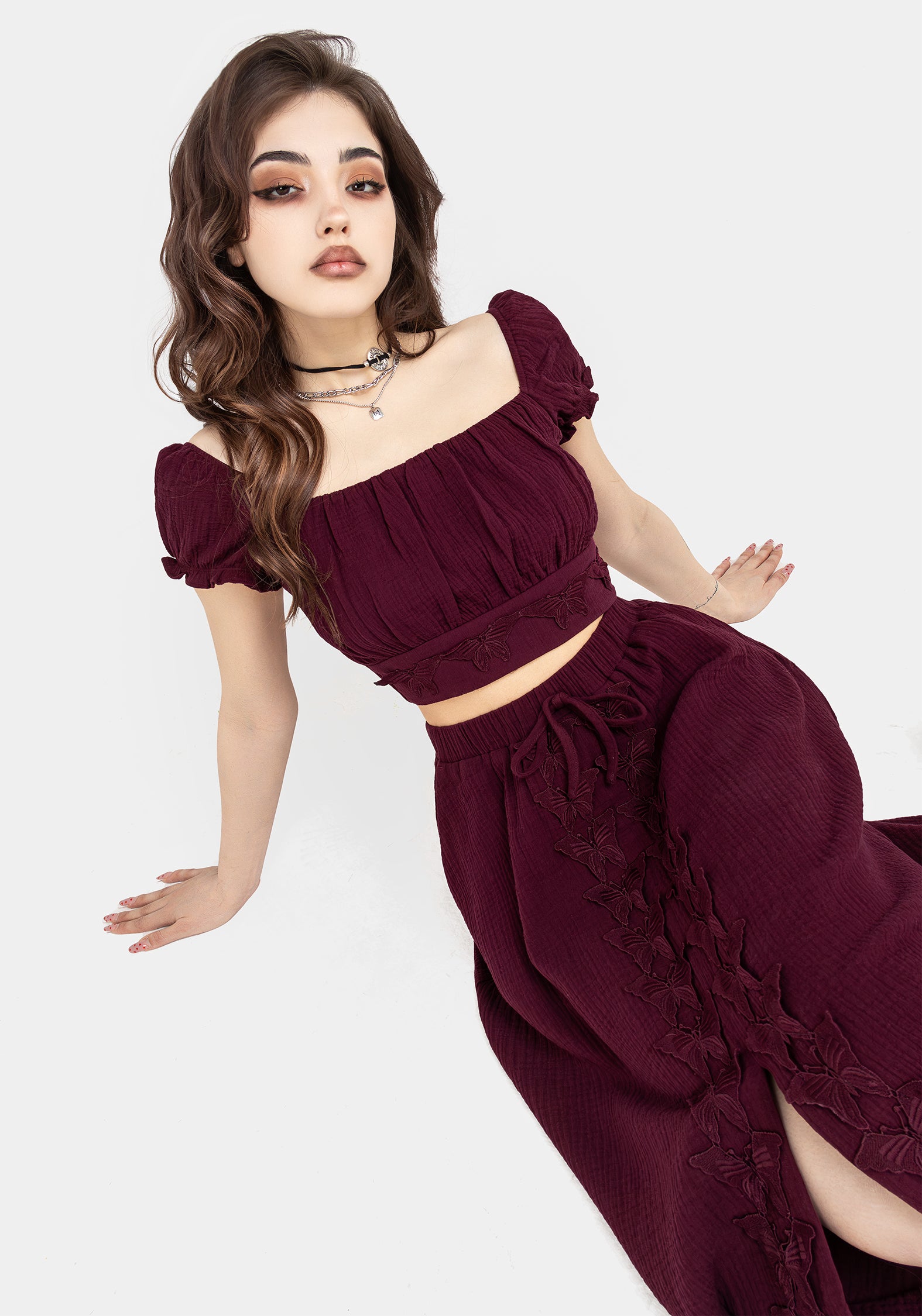 Purple Textured Bardot Crop Top with Butterfly Embroidery | Psyche