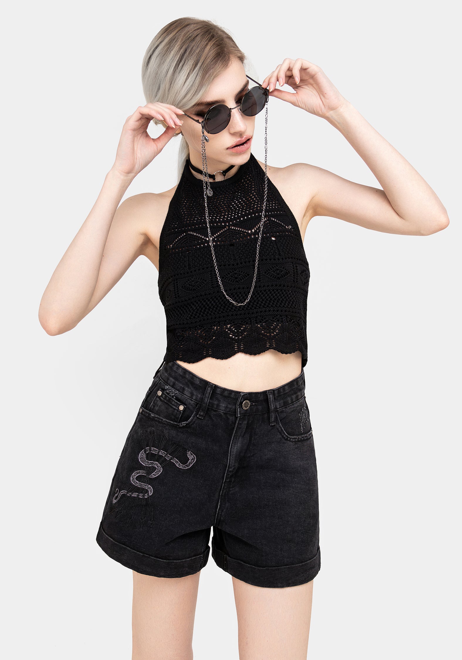 Black Embroidered Denim Mom Shorts High Waisted | Heroica