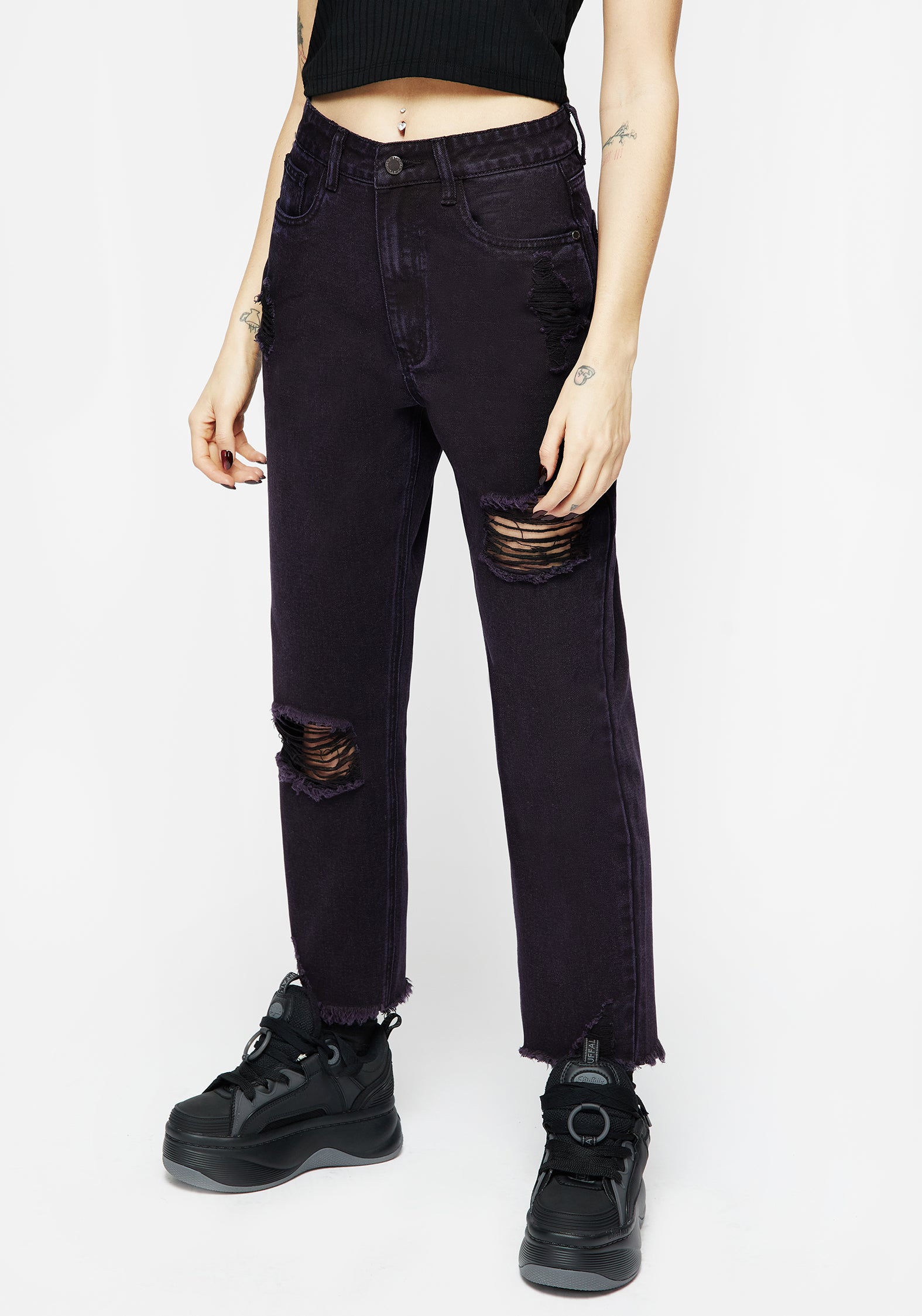 Distressed Denim Mom Jeans with Embroidered Planchette Pockets | High-Waisted