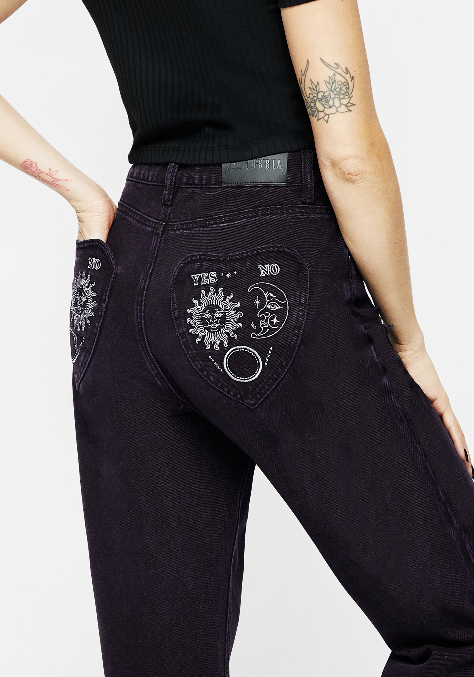 Distressed Denim Mom Jeans with Embroidered Planchette Pockets | High-Waisted