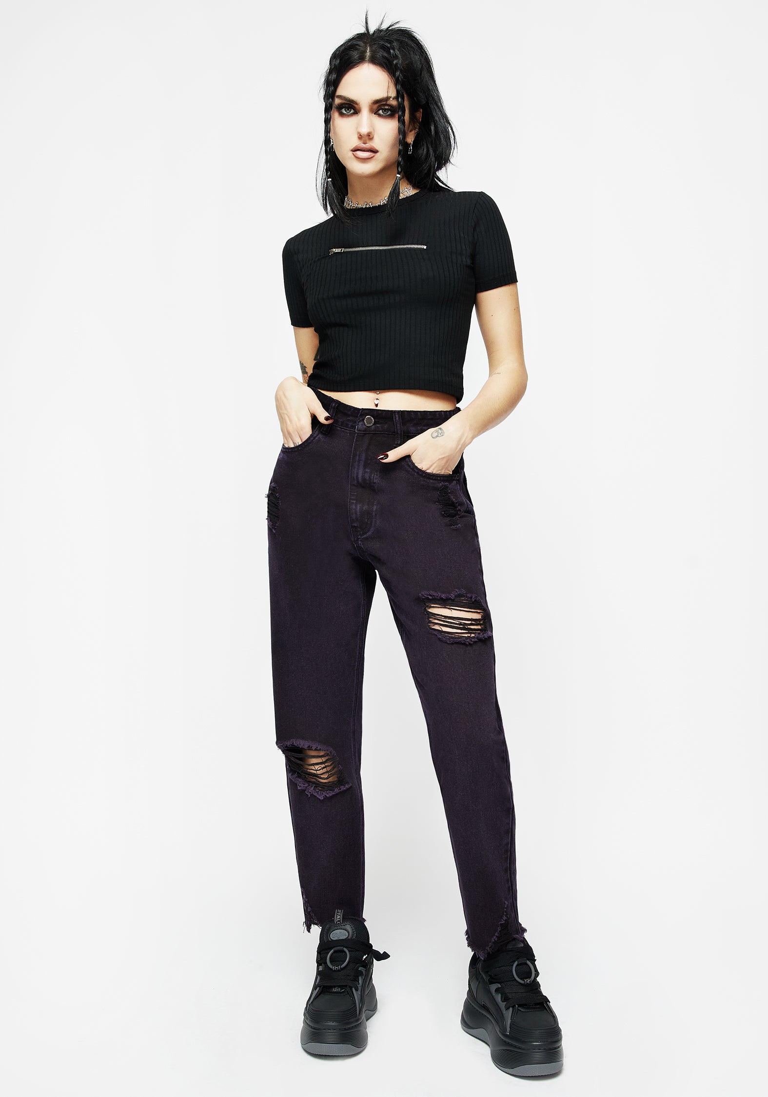 Distressed Denim Mom Jeans with Embroidered Planchette Pockets | High-Waisted