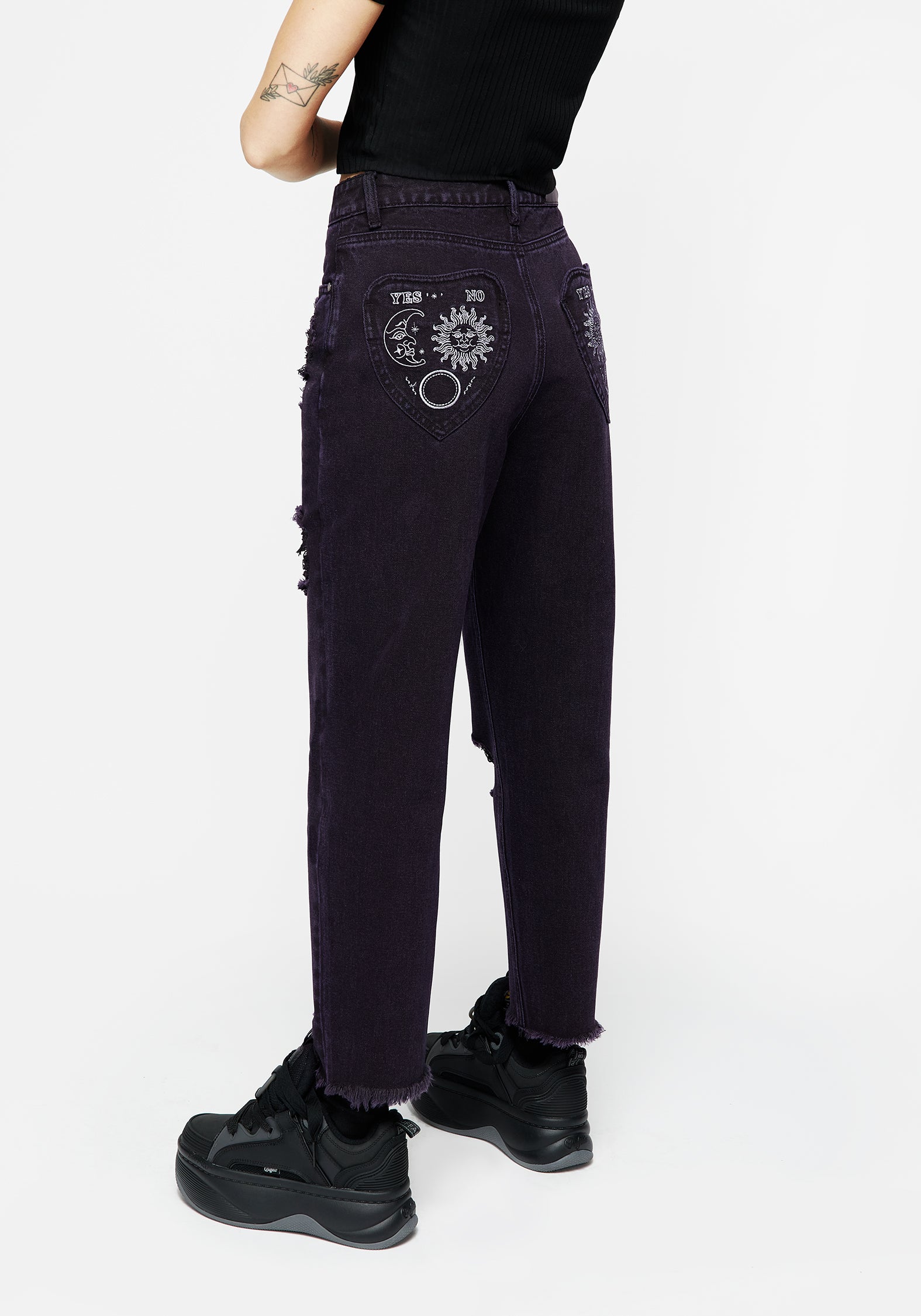 Distressed Denim Mom Jeans with Embroidered Planchette Pockets | High-Waisted