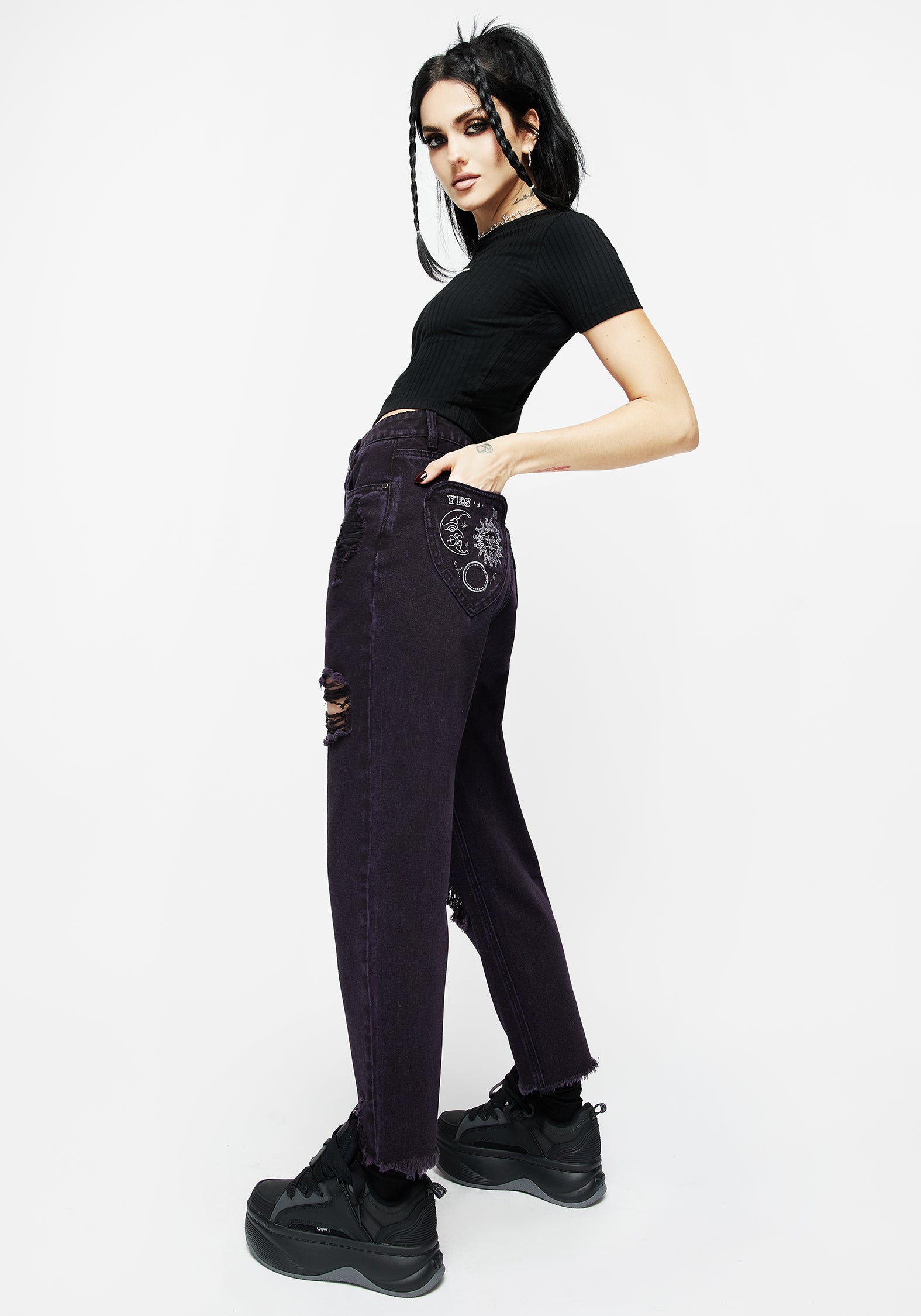 Distressed Denim Mom Jeans with Embroidered Planchette Pockets | High-Waisted