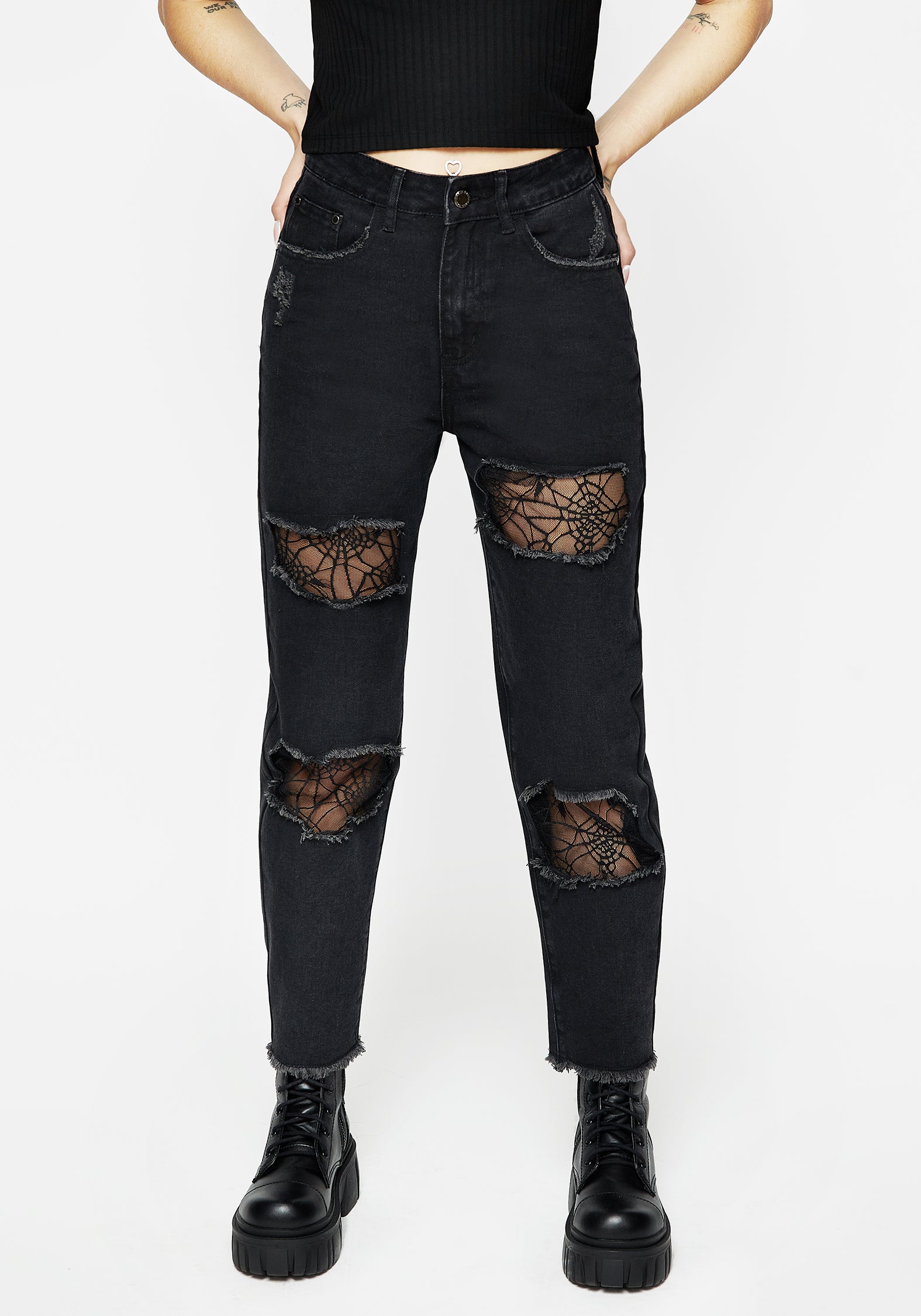 Distressed Black Denim Jeans with Cobweb Lace | High-Rise Straight Fit