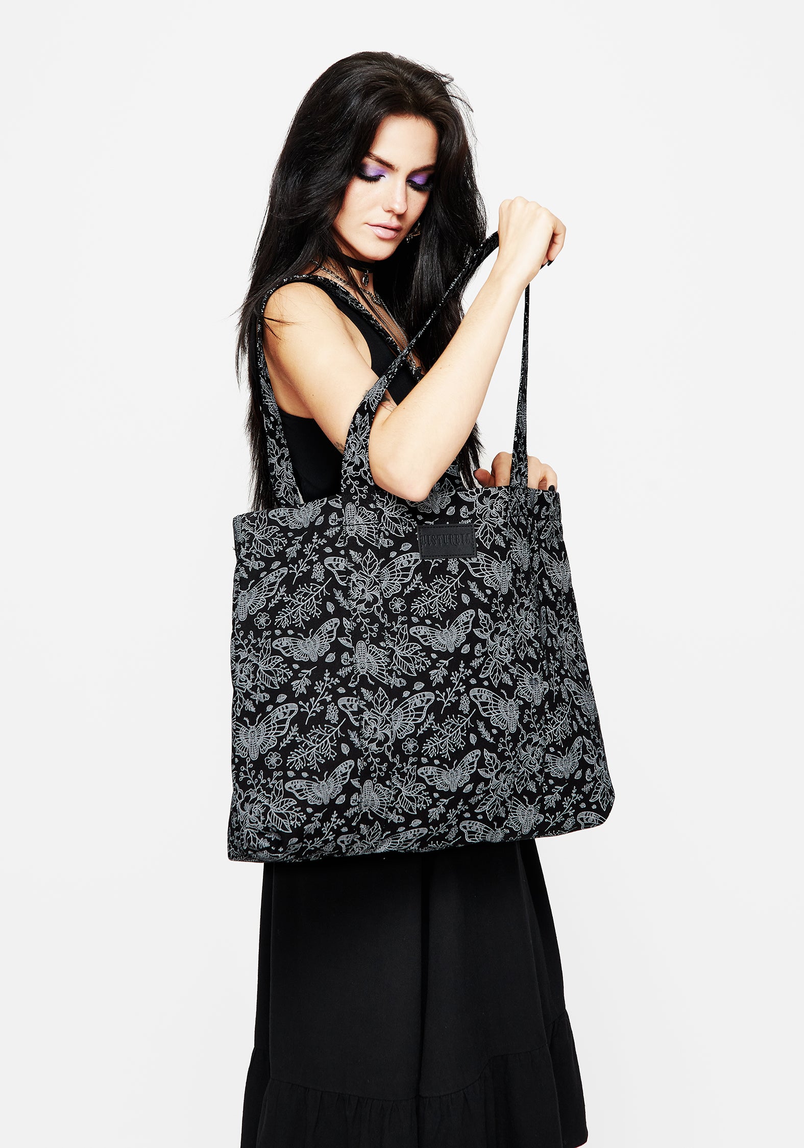Black Rose & Moth Print Denim Tote Bag with Zipped Pocket | Papillion