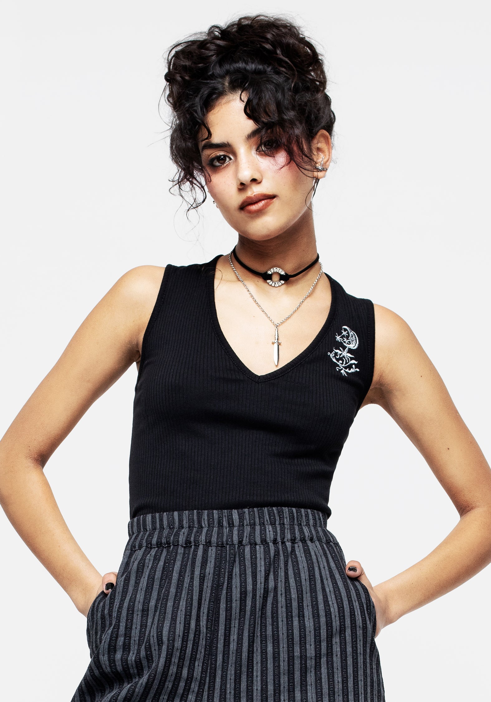Black Embroidered V-Neck Vest Top | Moonflower Ribbed Jersey