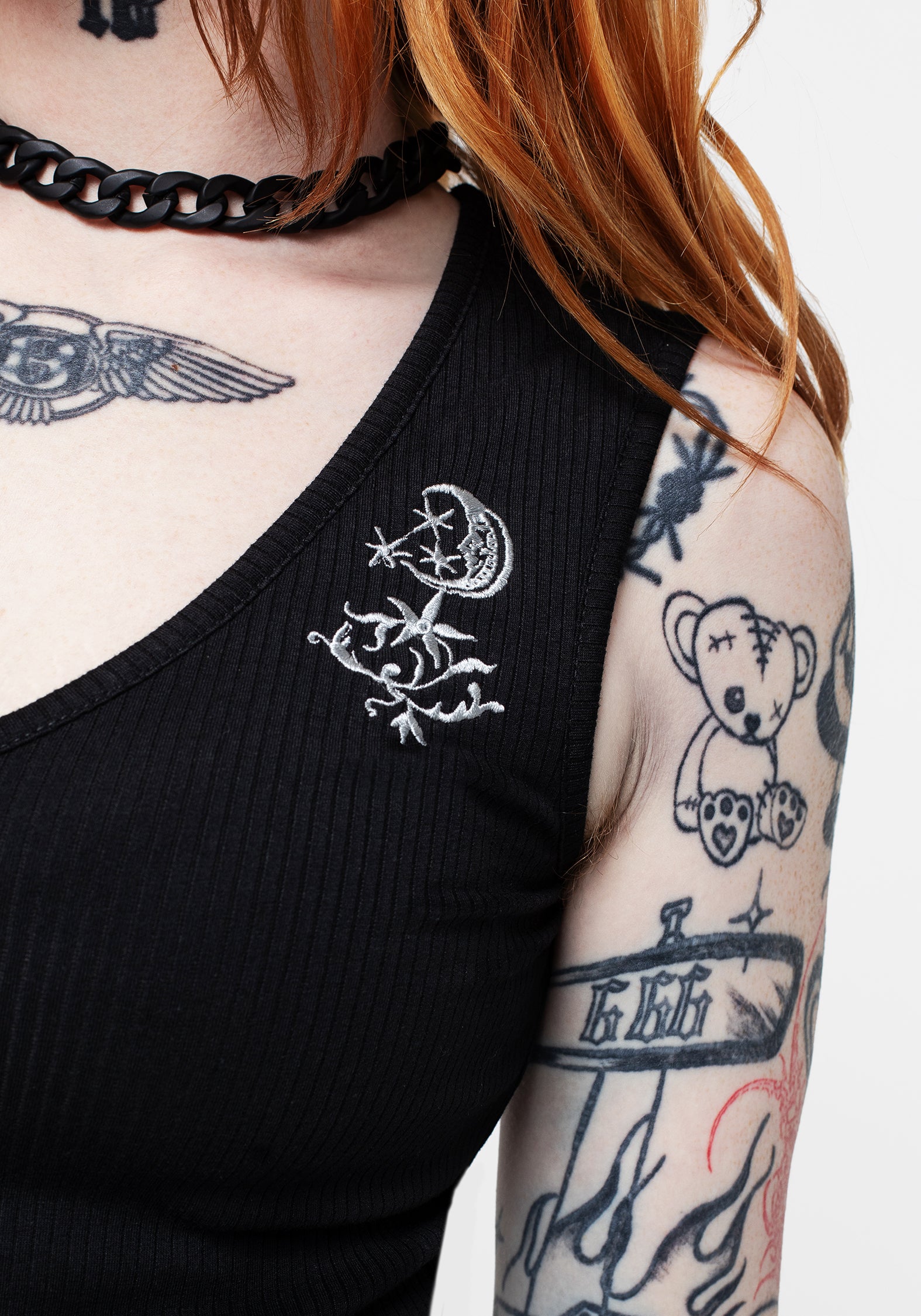 Black Embroidered V-Neck Vest Top | Moonflower Ribbed Jersey