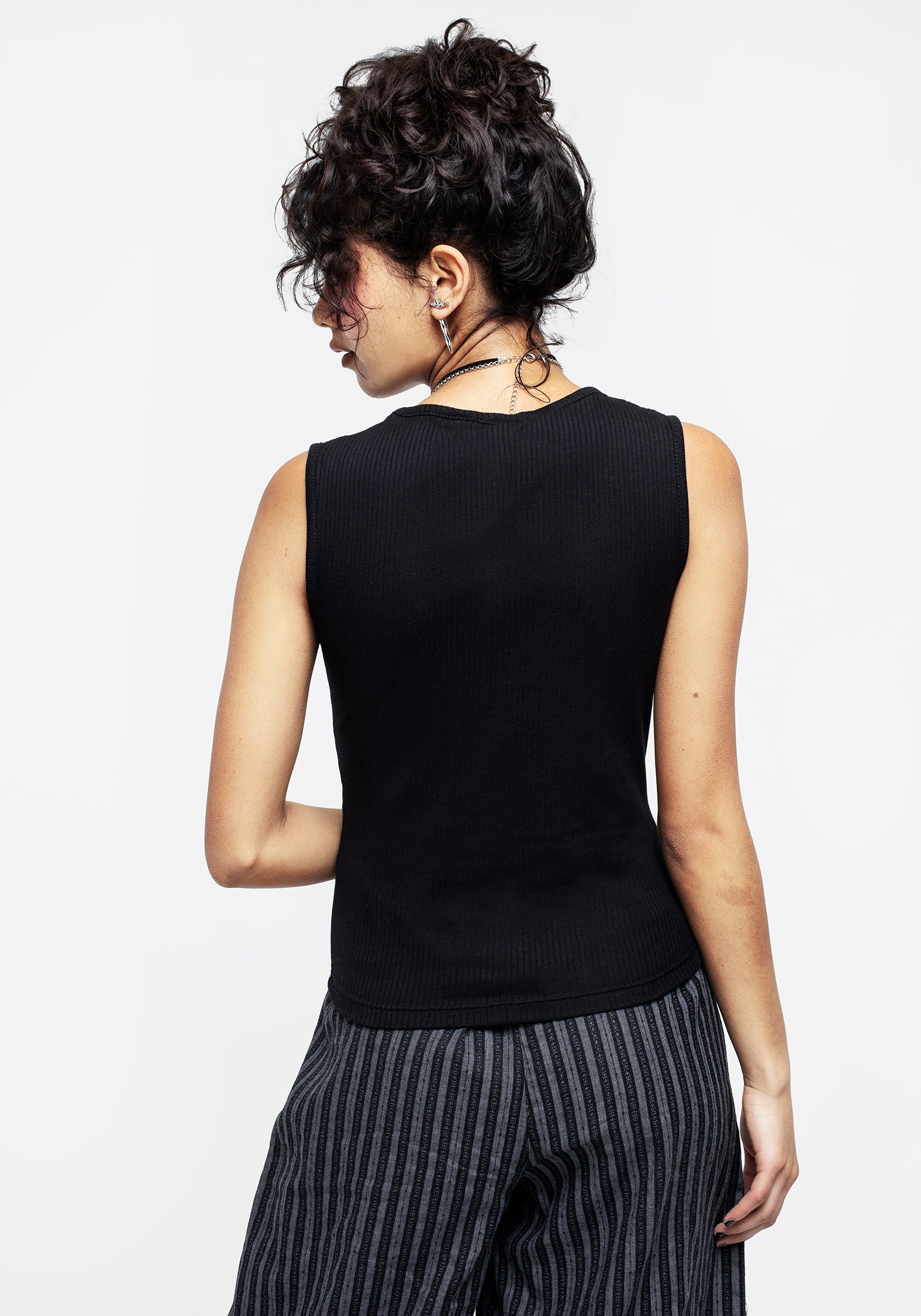 Black Embroidered V-Neck Vest Top | Moonflower Ribbed Jersey