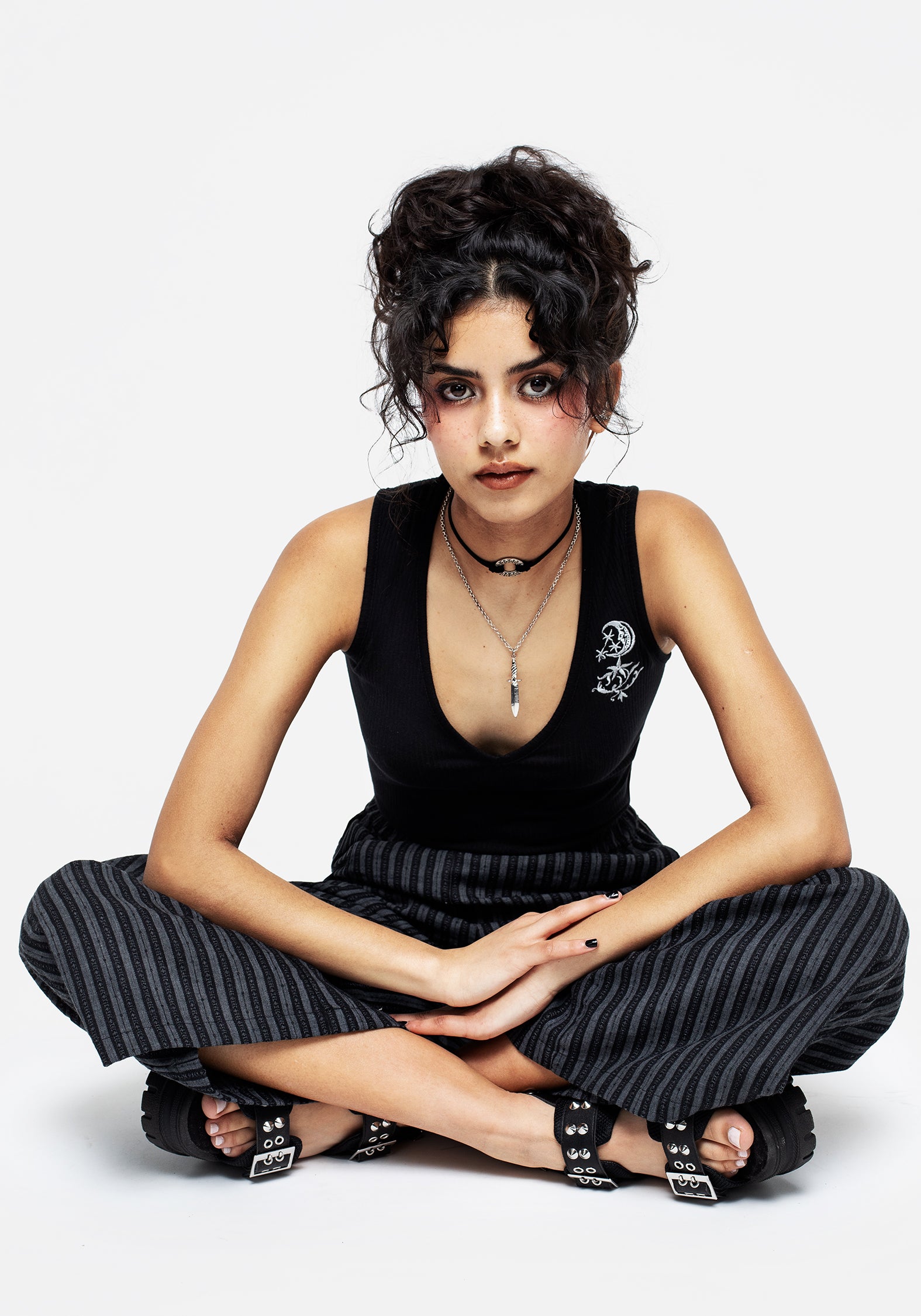 Black Embroidered V-Neck Vest Top | Moonflower Ribbed Jersey
