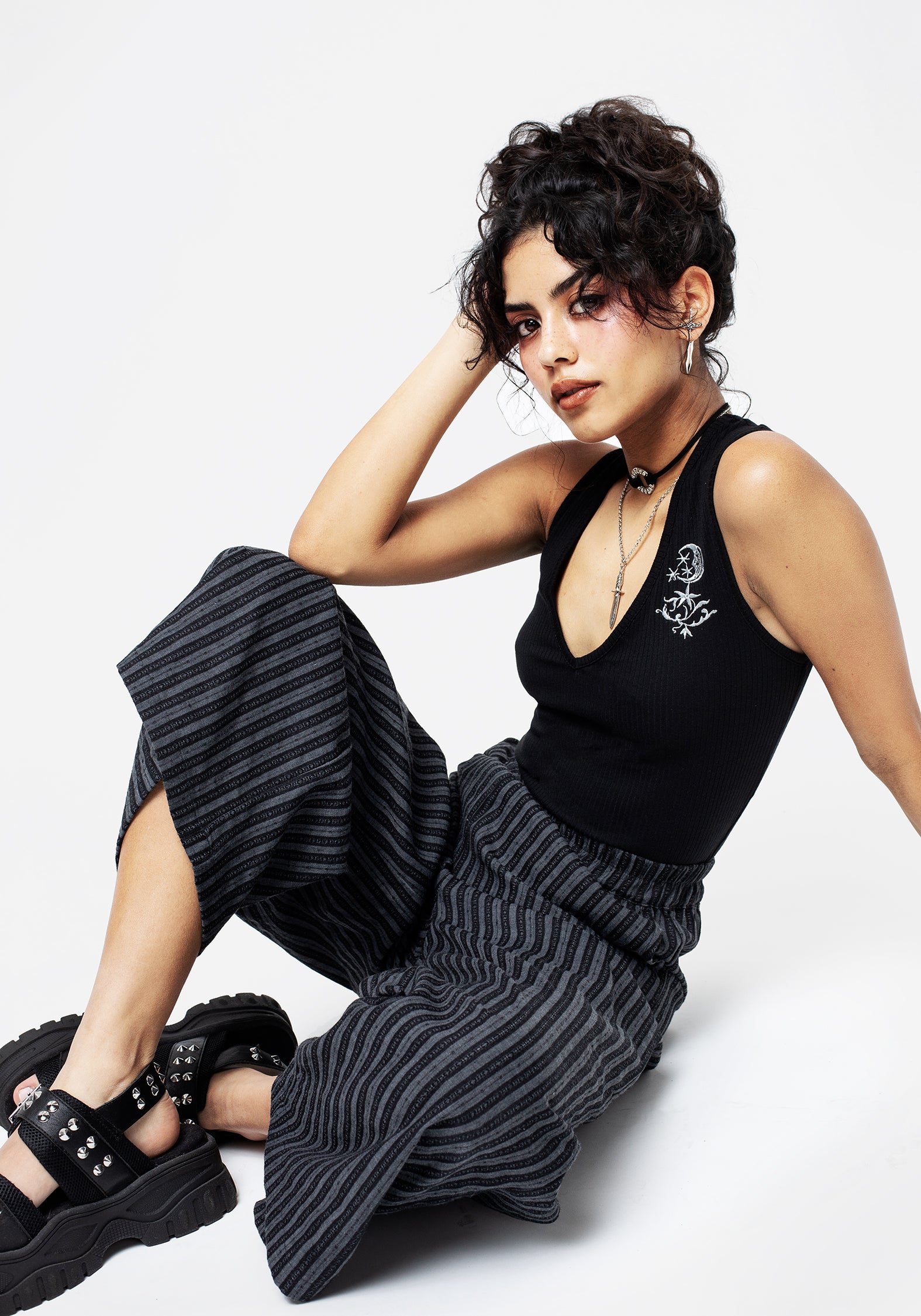 Black Embroidered V-Neck Vest Top | Moonflower Ribbed Jersey