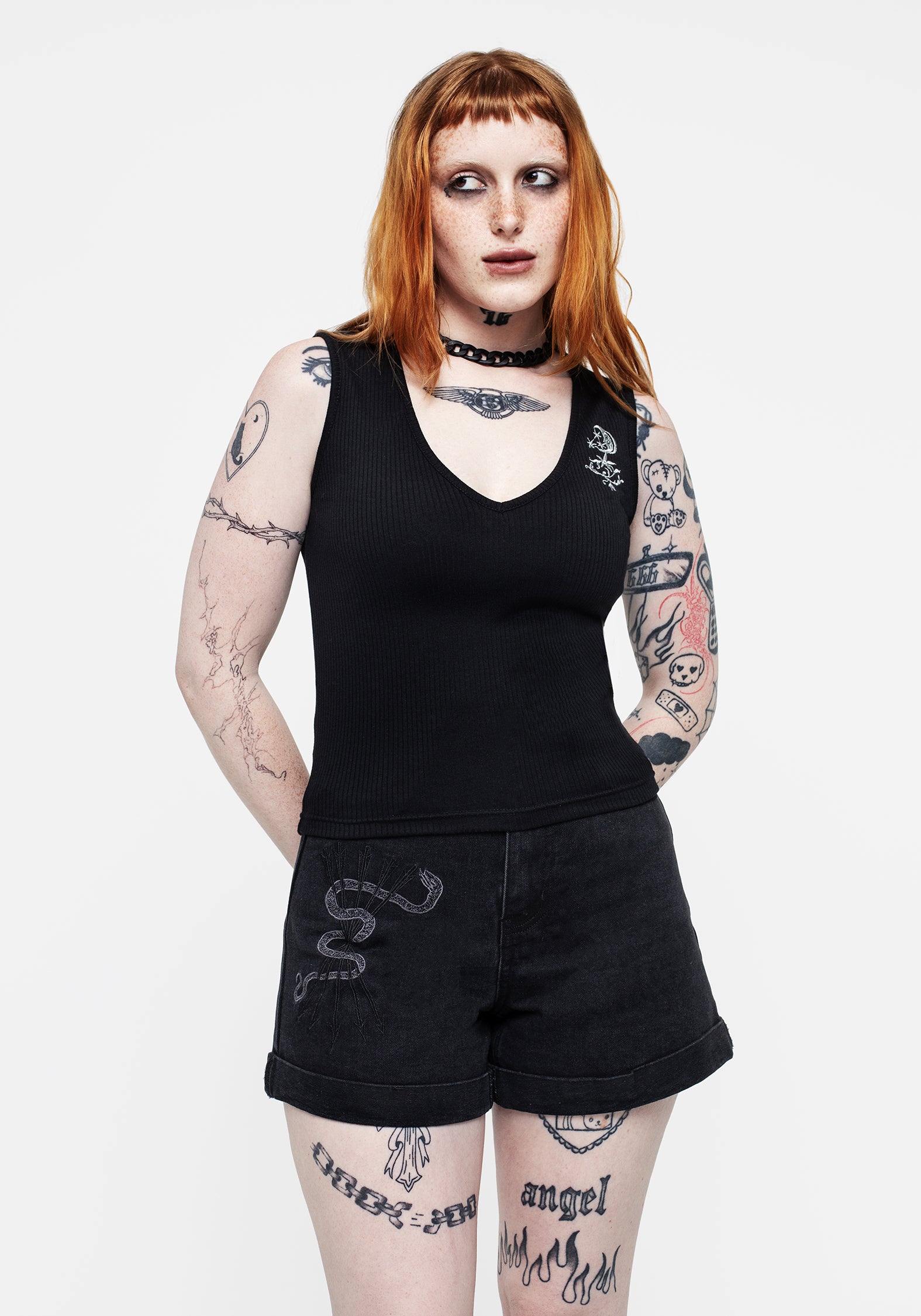 Black Embroidered V-Neck Vest Top | Moonflower Ribbed Jersey