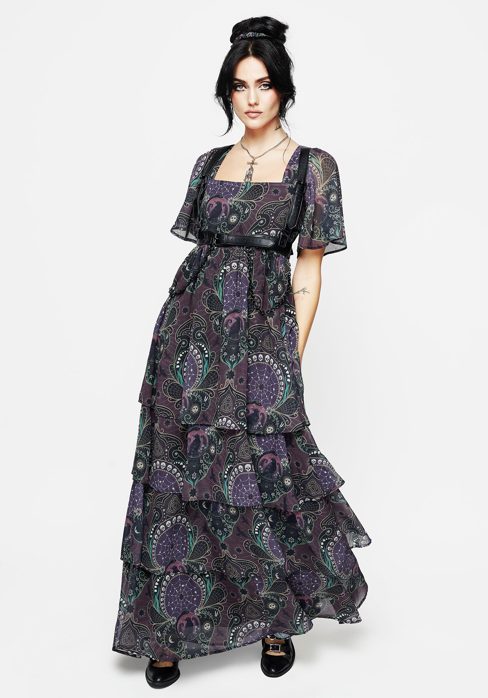 Purple Gothic Print Chiffon Gown with Angel Sleeves | Clarette