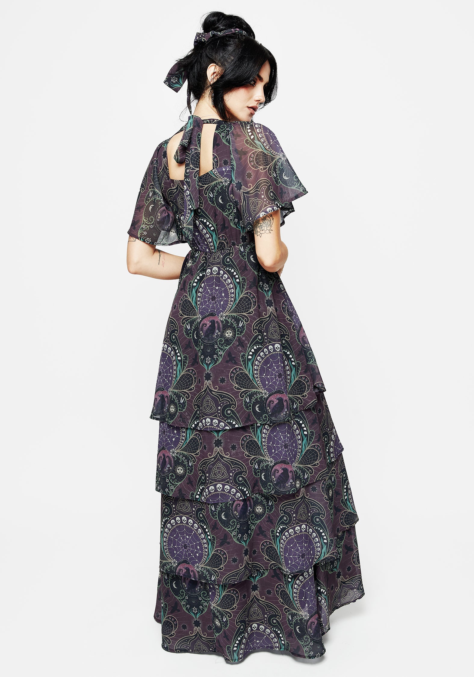 Purple Gothic Print Chiffon Gown with Angel Sleeves | Clarette