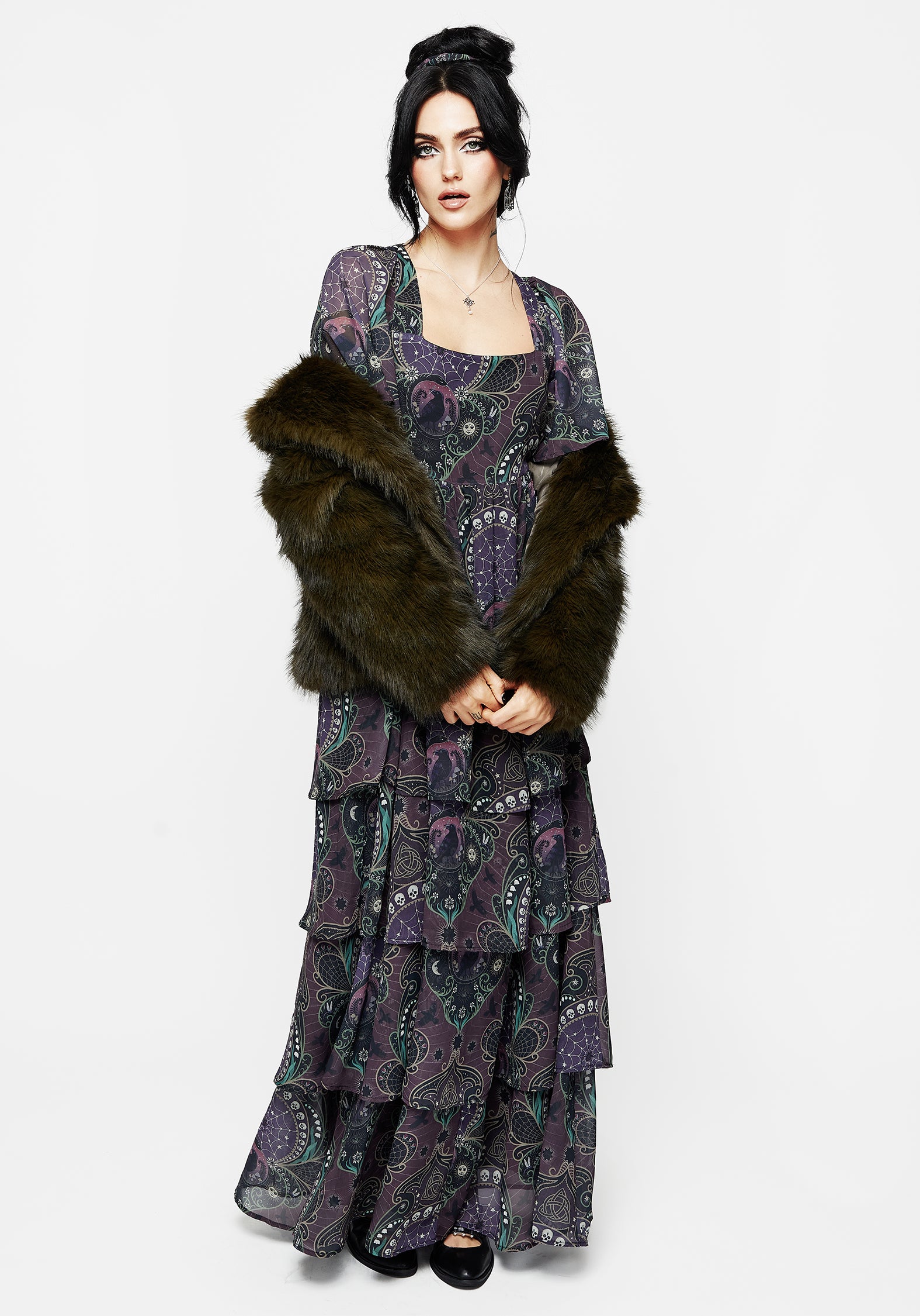 Purple Gothic Print Chiffon Gown with Angel Sleeves | Clarette