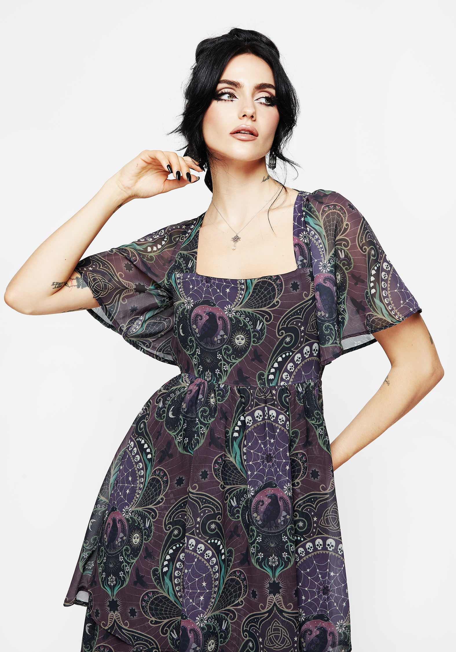 Purple Gothic Print Chiffon Gown with Angel Sleeves | Clarette