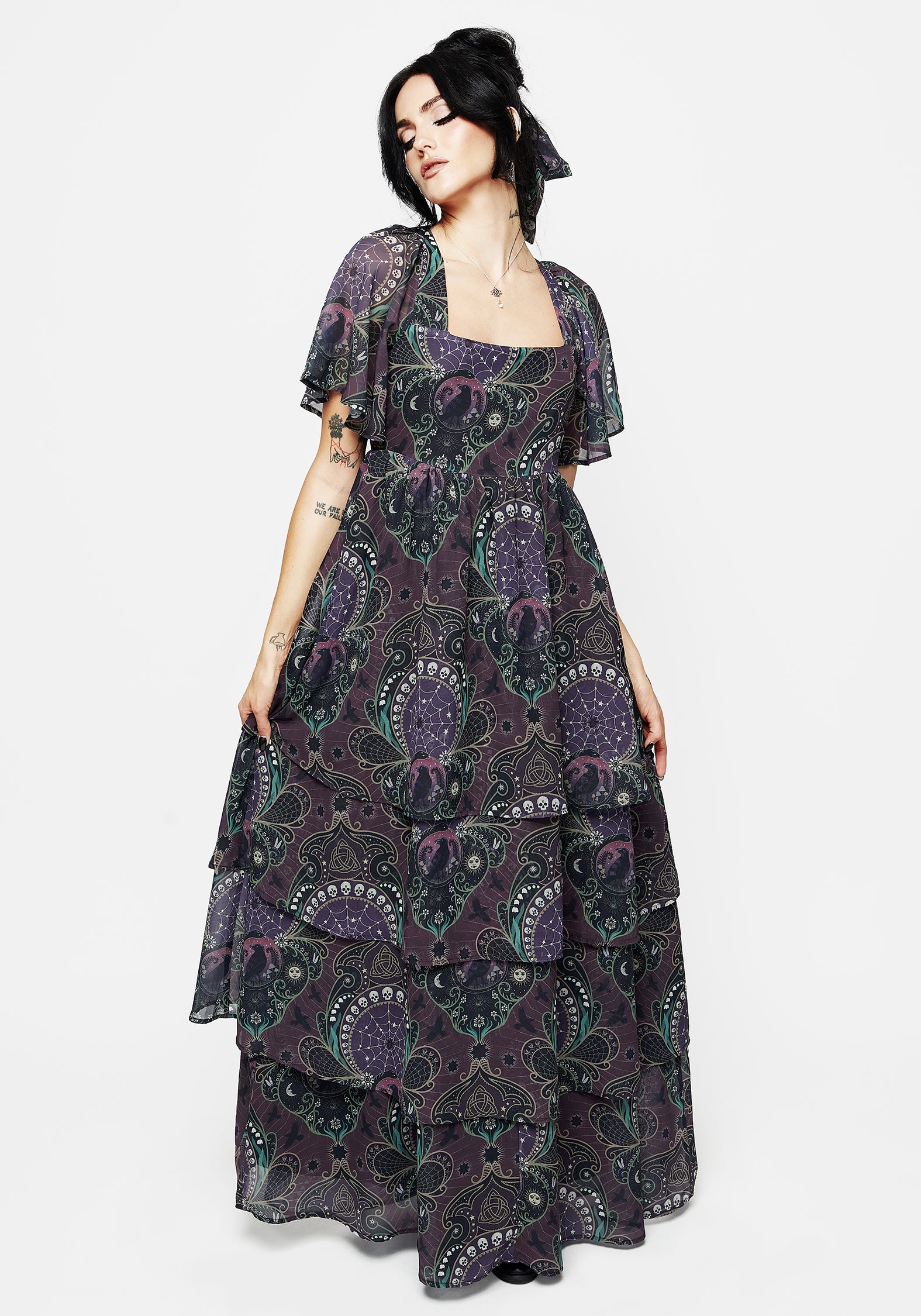 Purple Gothic Print Chiffon Gown with Angel Sleeves | Clarette