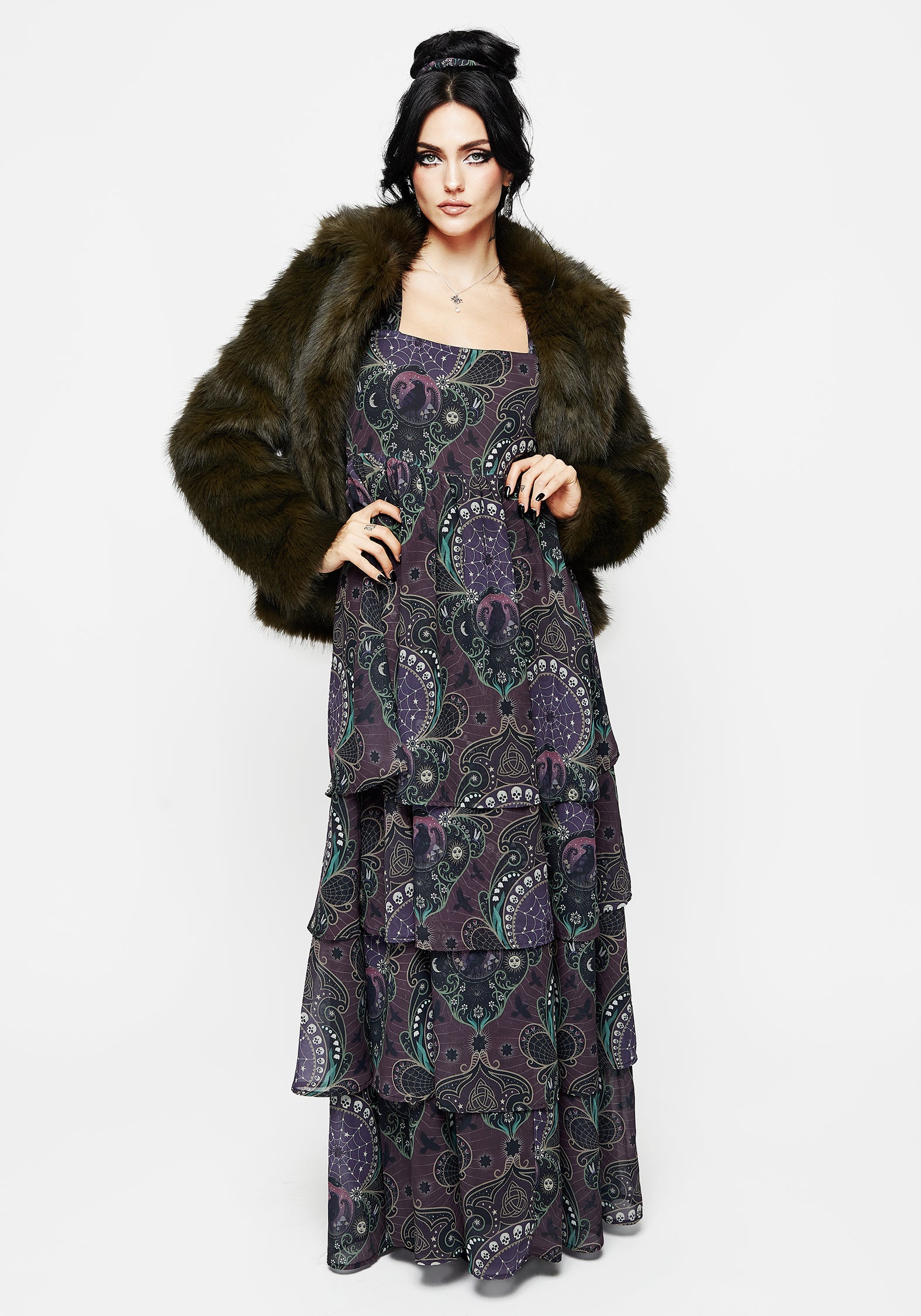 Purple Gothic Print Chiffon Gown with Angel Sleeves | Clarette