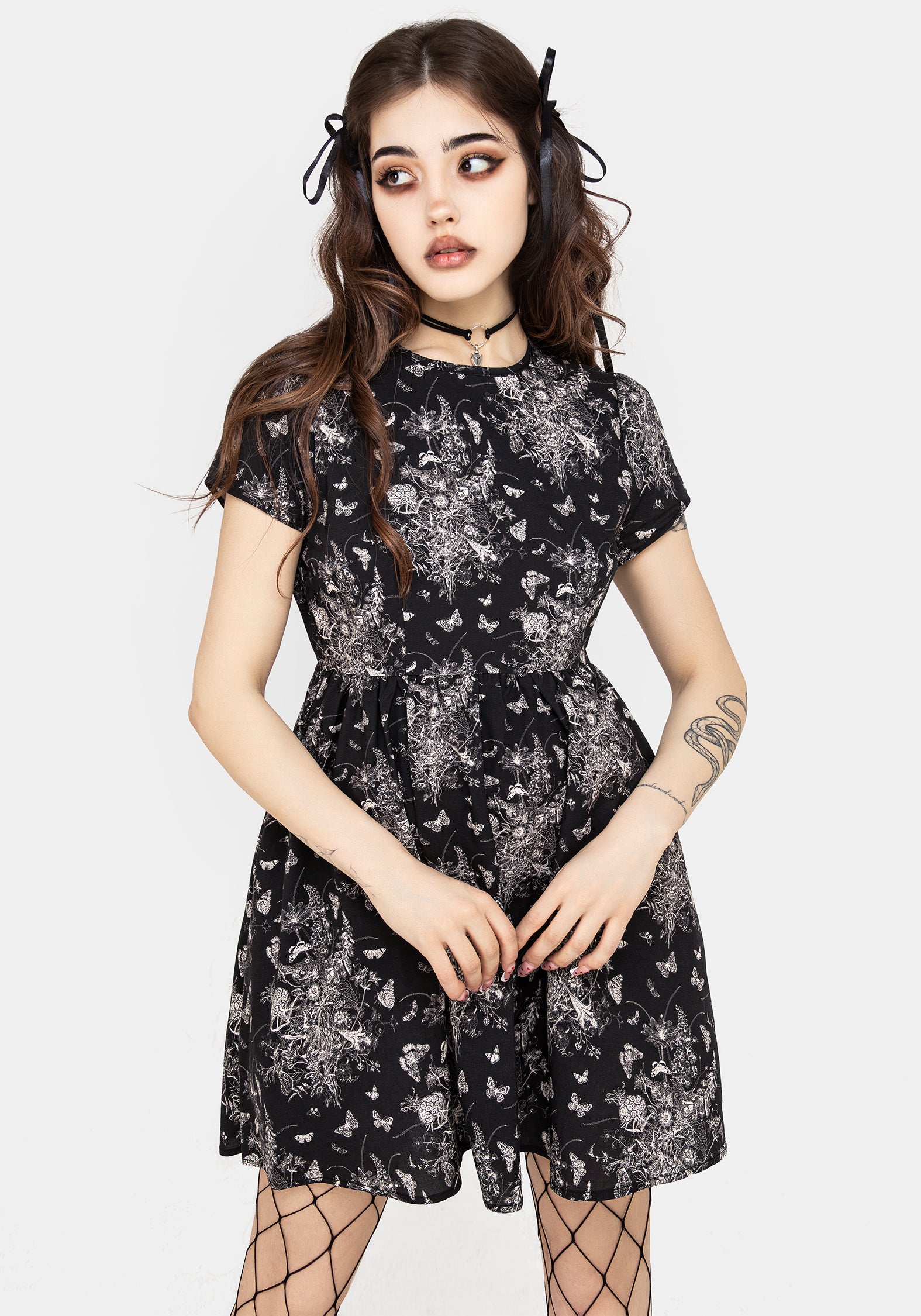 Black Floral Butterfly Print Mini Skater Dress | Thalia