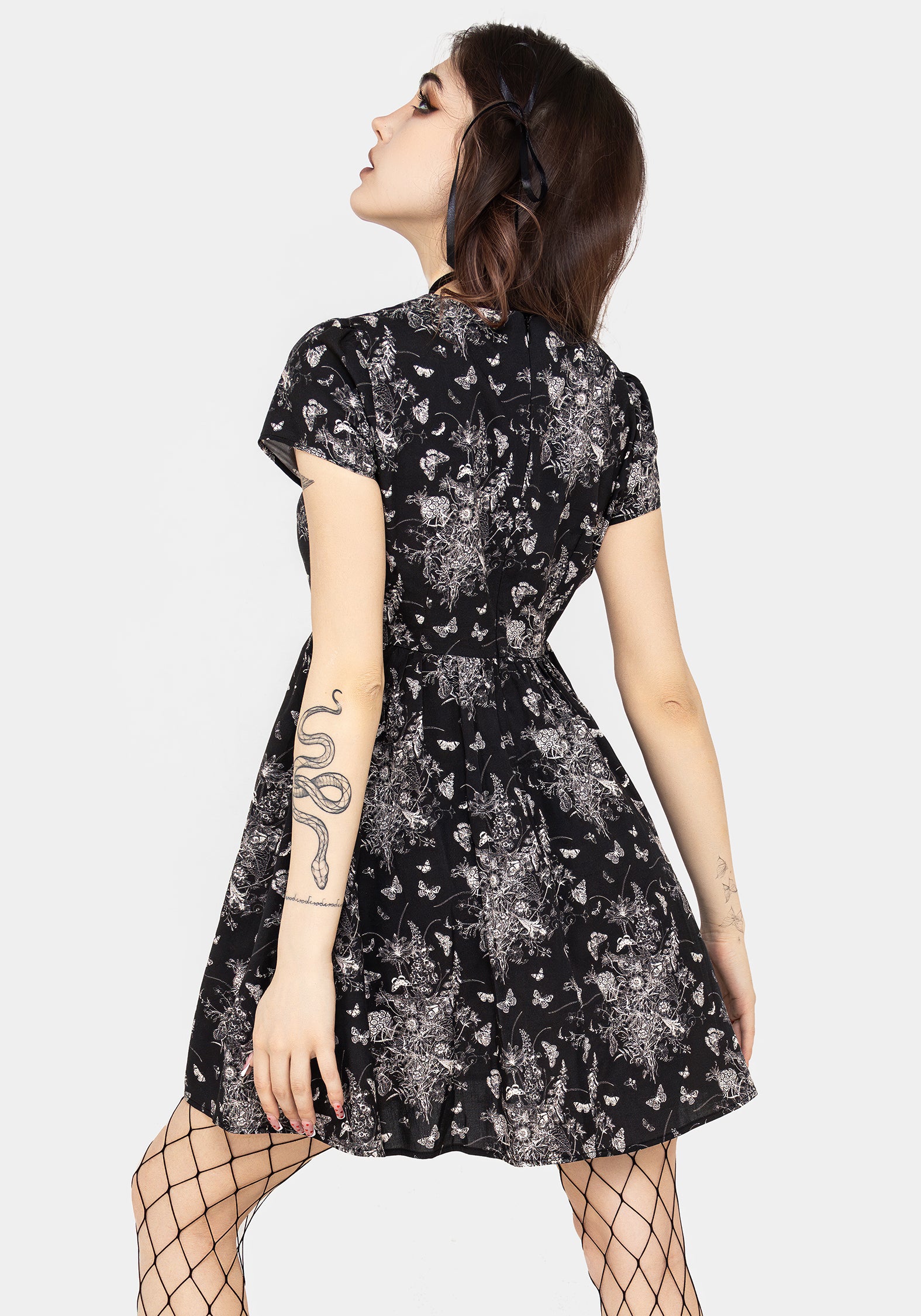 Black Floral Butterfly Print Mini Skater Dress | Thalia