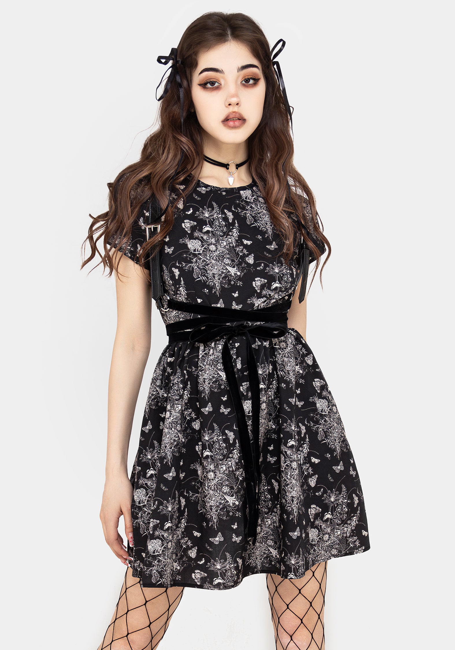 Black Floral Butterfly Print Mini Skater Dress | Thalia