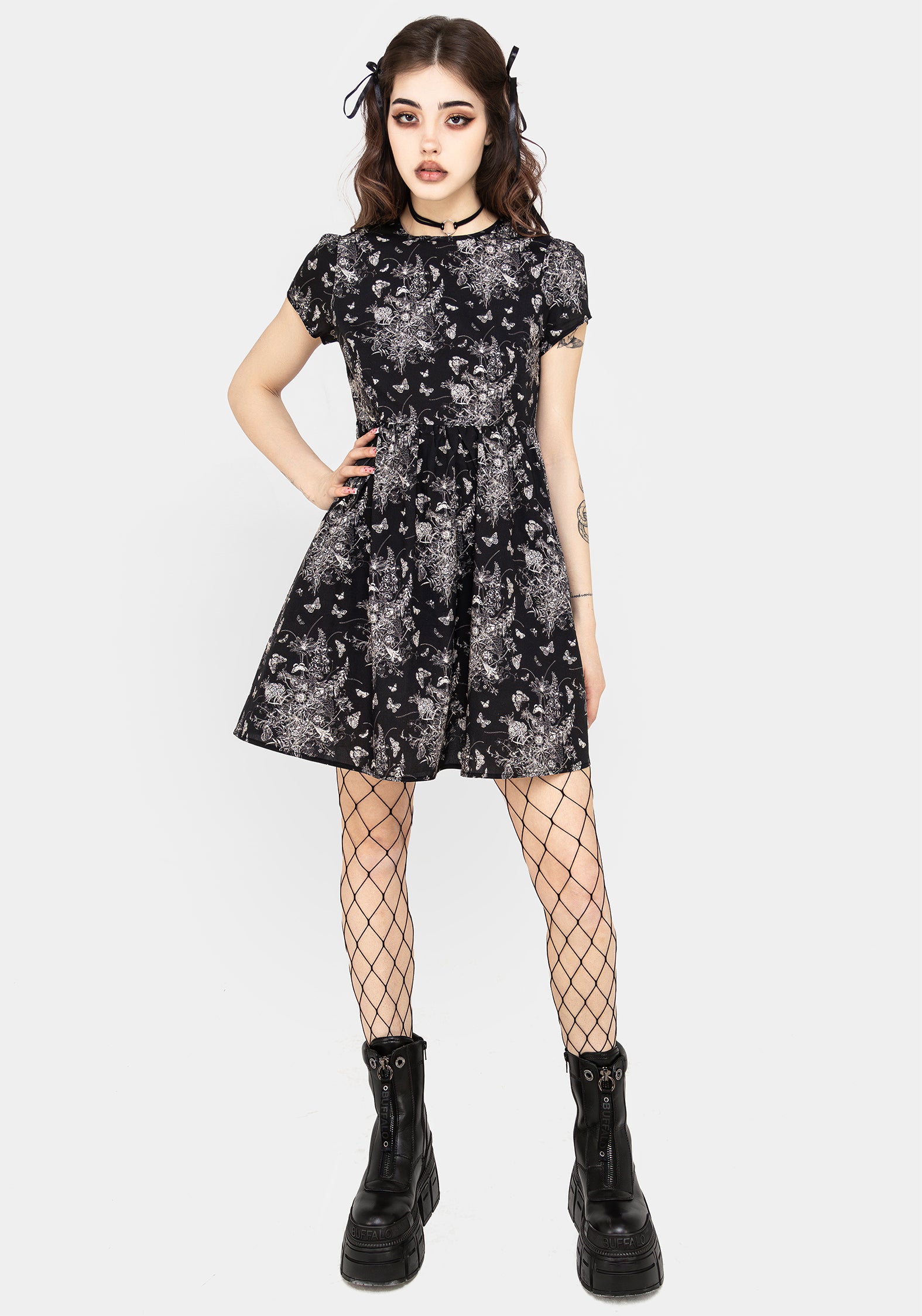 Black Floral Butterfly Print Mini Skater Dress | Thalia