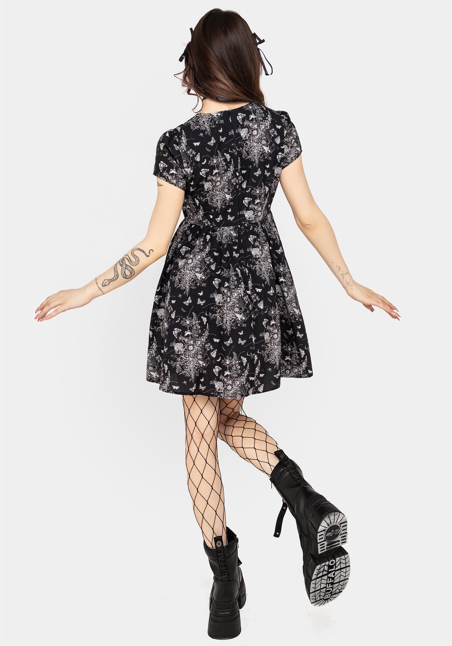 Black Floral Butterfly Print Mini Skater Dress | Thalia