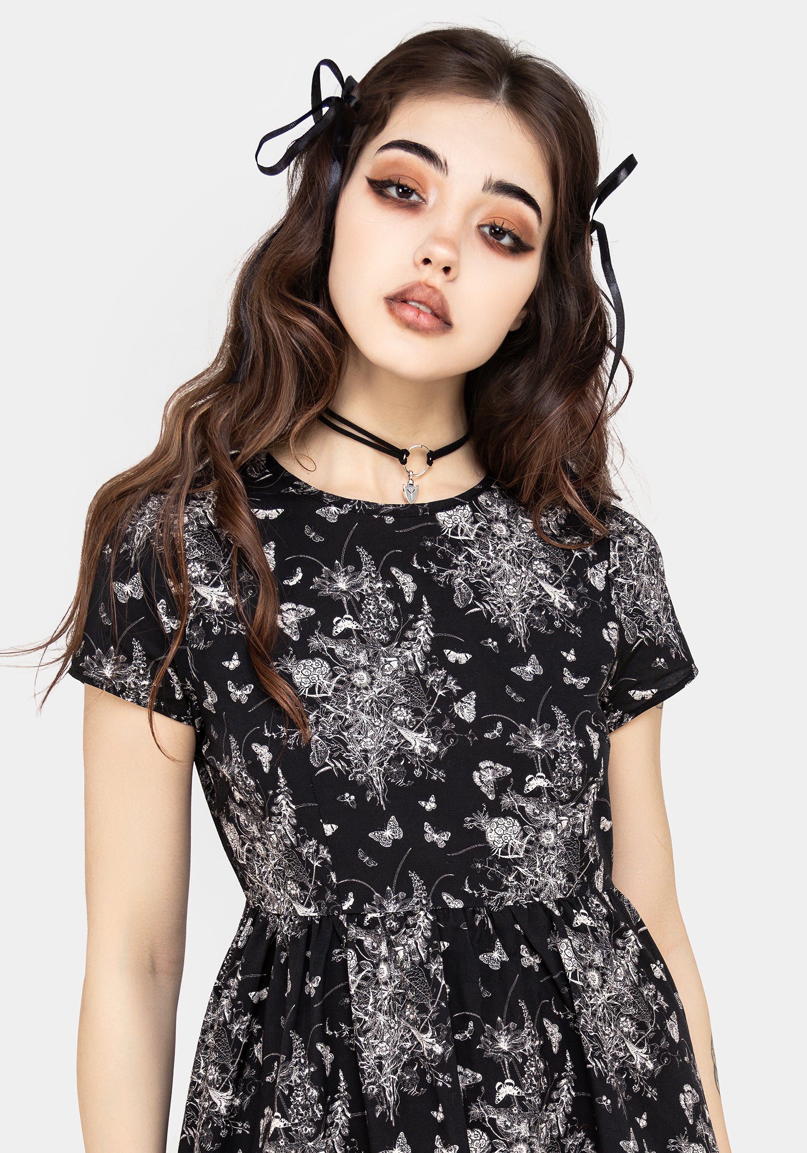 Black Floral Butterfly Print Mini Skater Dress | Thalia