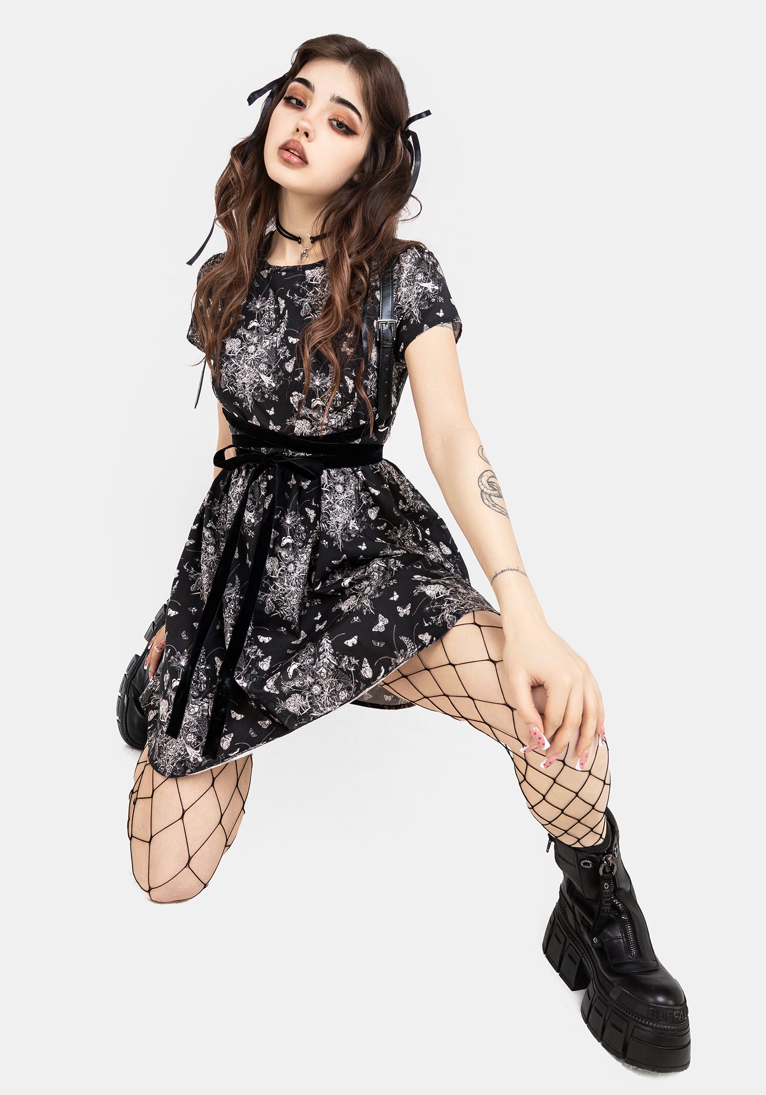 Black Floral Butterfly Print Mini Skater Dress | Thalia