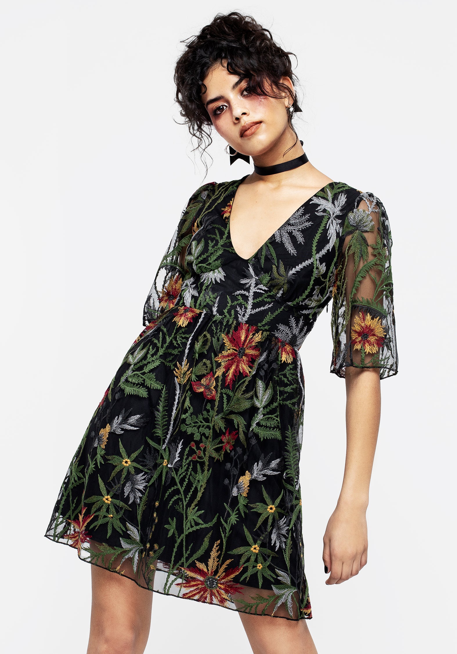 Floral Embroidered Mesh Mini Dress with V-Neck & Angel Sleeves